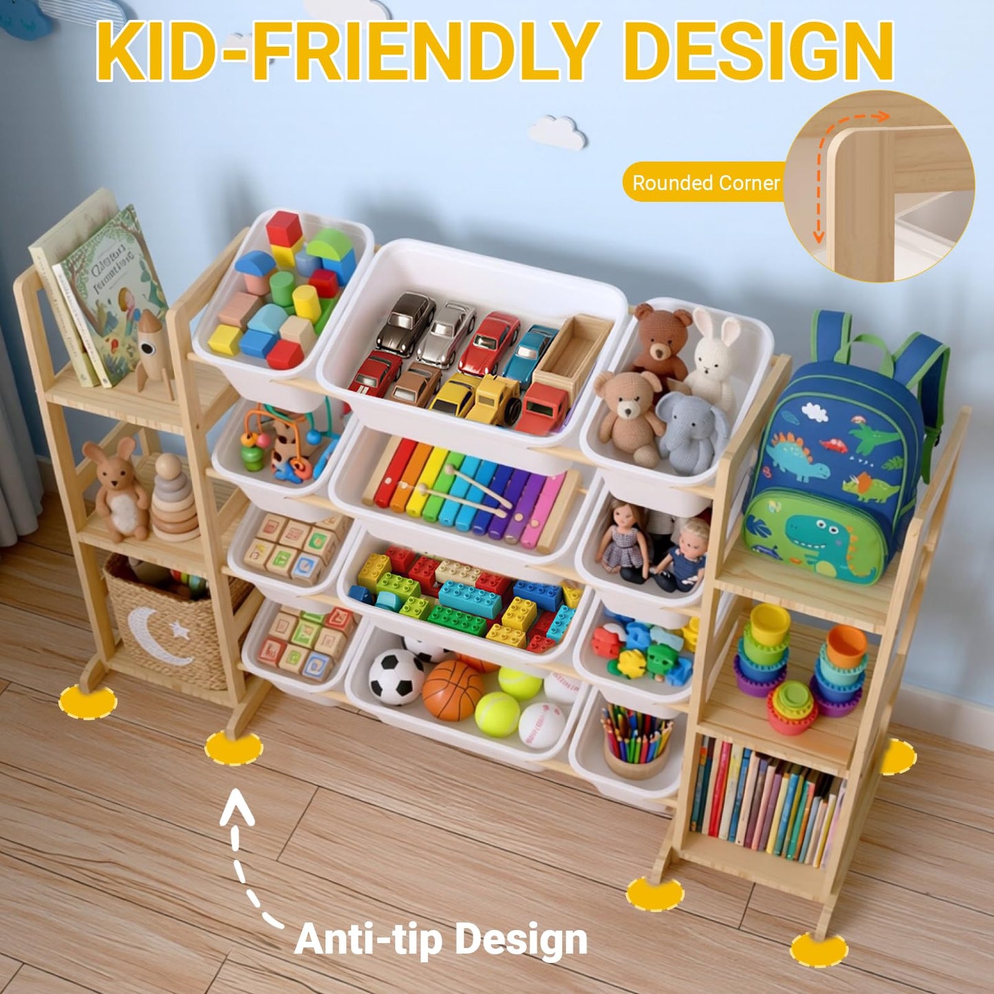 Dclavy Toy Storage Organizer with Bookshelf for Kids, Large Wooden Shelf with 12 Storage Bins & 6 Shelves, Toy Box Organization for Kids Rooms, Playroom, Nursery and Living Room
