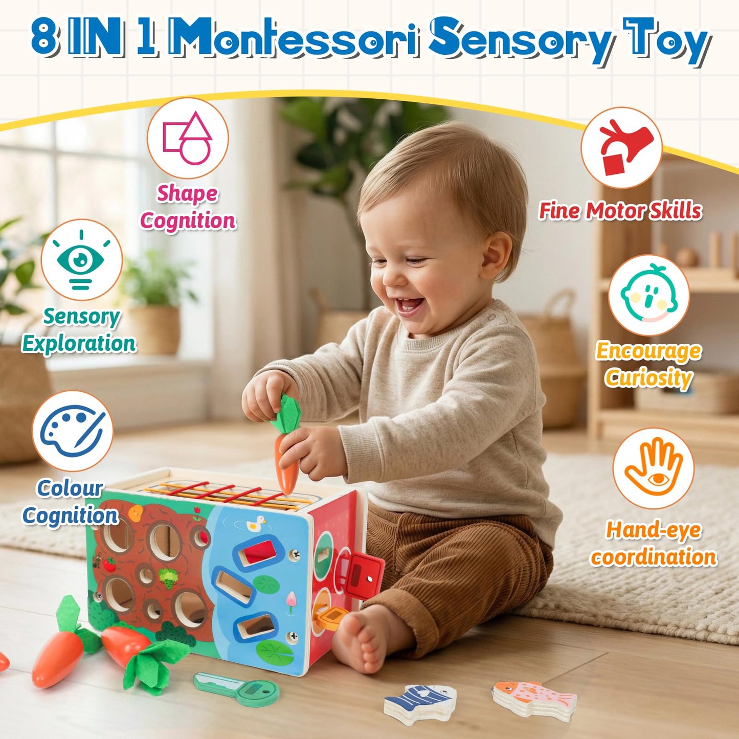 Ancaixin 8-in-1 Montessori Baby Tissue Box Toy for 12+ Months, Wooden Activity Cube, Puzzles 12-18 Months, Sensory Toys for Toddlers 1-3 Preschool Learning, 1 Year Old Boys Girls Baby Birthday Gift
