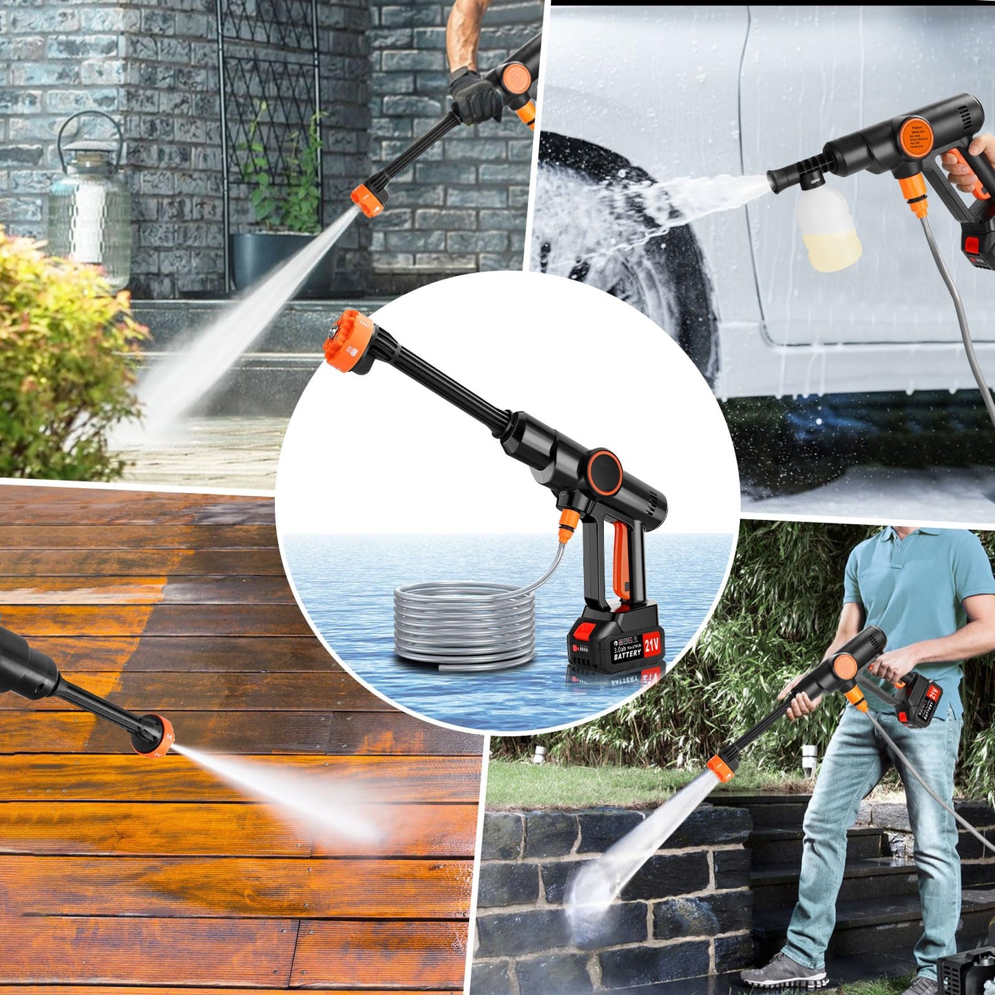6000mAh Portable Cordless Pressure Washer, Electric Pressure Washer Battery Powered, Handheld Car Washer with 6-in-1 Nozzle,17FT Drain Hose, Power Cleaner for Patio Floor Fence Deck Indoor