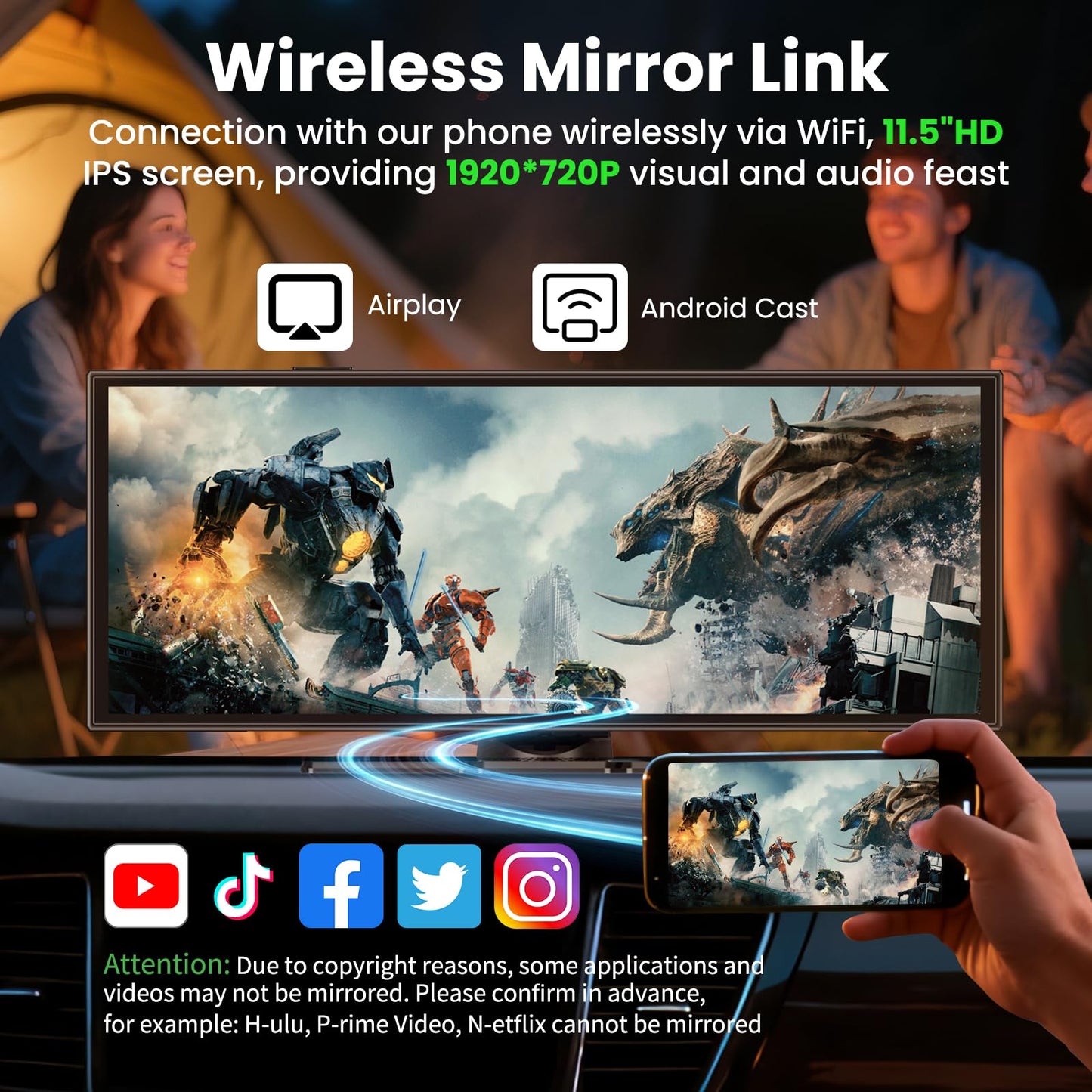 Largest 11.5 inch Wireless CarPlay Screen for Car, A-pple CarPlay & Android Auto HD Touchscreen with 4K Dash Cam/1080P Backup Camera/Navigation/Bluetooth/Voice Control/FM/Mirror Link,for All Vehicles