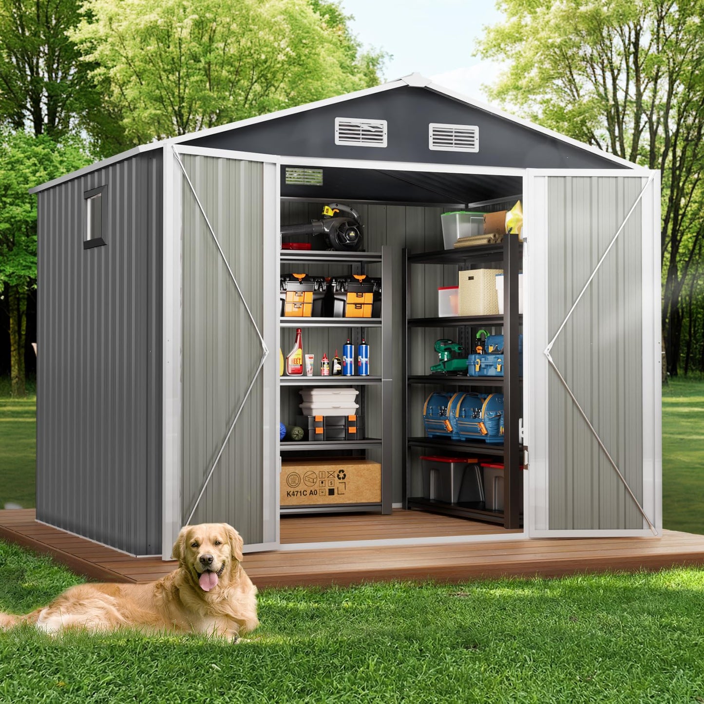 TABU 8x6 FT Outdoor Storage Shed with Window&Lockable Doors, Utility Waterproof Tool Shed with Air Vents for Backyard, Patio and Garden, Grey