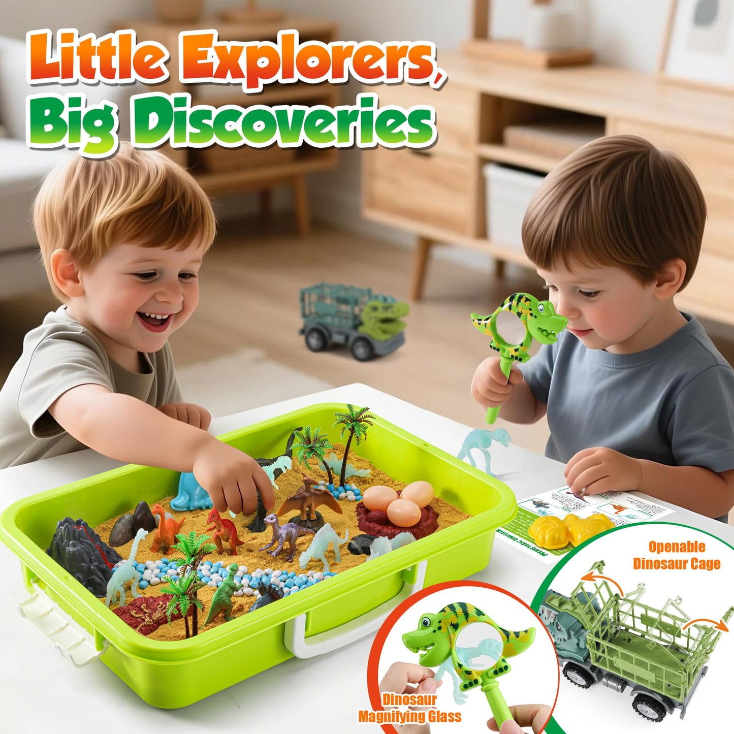 FRUSE Dinosaur Sensory Bin Toys,Play Sand Art Kit with 2.2lbs Sensory Play Sand,Glow in The Dark Dinosaurs,Dino Magnifying Glass and Sandbox,Learning Toys for Kids Ages 3 4 5 6 7 8