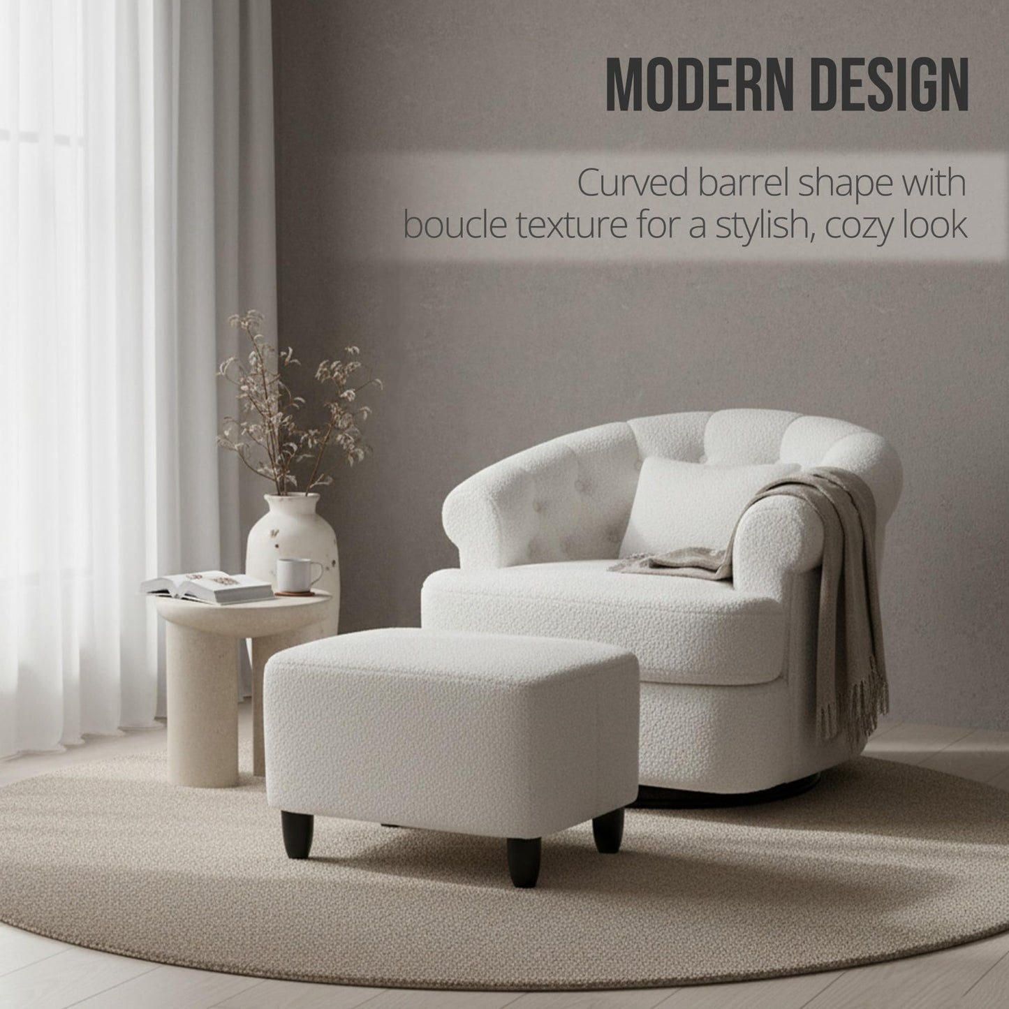 Wismestr Barrel Swivel Accent Chair - Modern Comfy Boucle Armchair with Ottoman, Round Upholstered Sofa Lounge Chairs Set for Living Room, Bedroom, Reading Corner, Small Spaces (Beige)