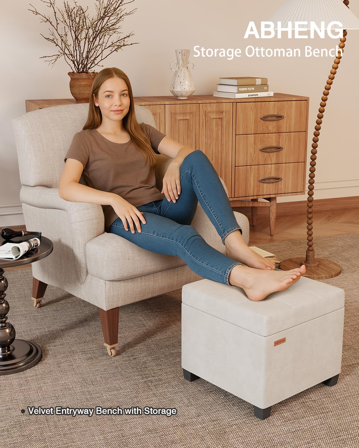 ABHENG Velvet Cover Steel Frame Ottoman with 48L Storage,17.7" x 17.7" x 17.7" Square Linen Storage Ottoman Stool Cube with Legs,for Dorm Livingroom White UASND64W