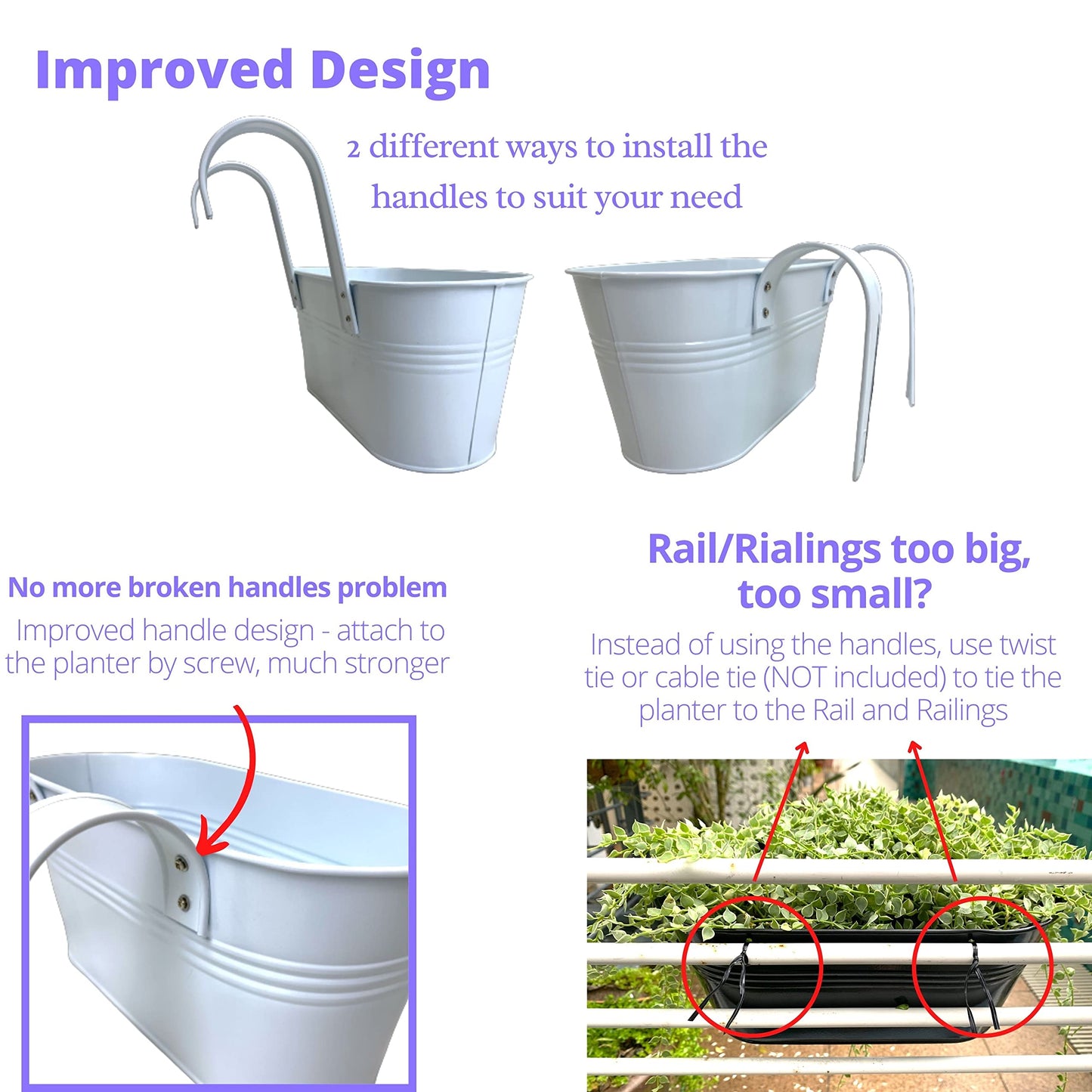 LaLaGreen Outdoor Rail Planter (4 Pack, 11.8 Inch) Metal Iron Hanging Flower Pots Deck Railings Fence Buckets Modern Countryside Boho Style White Wall Mount Window Box Plant Holder Hooks Porch Decor