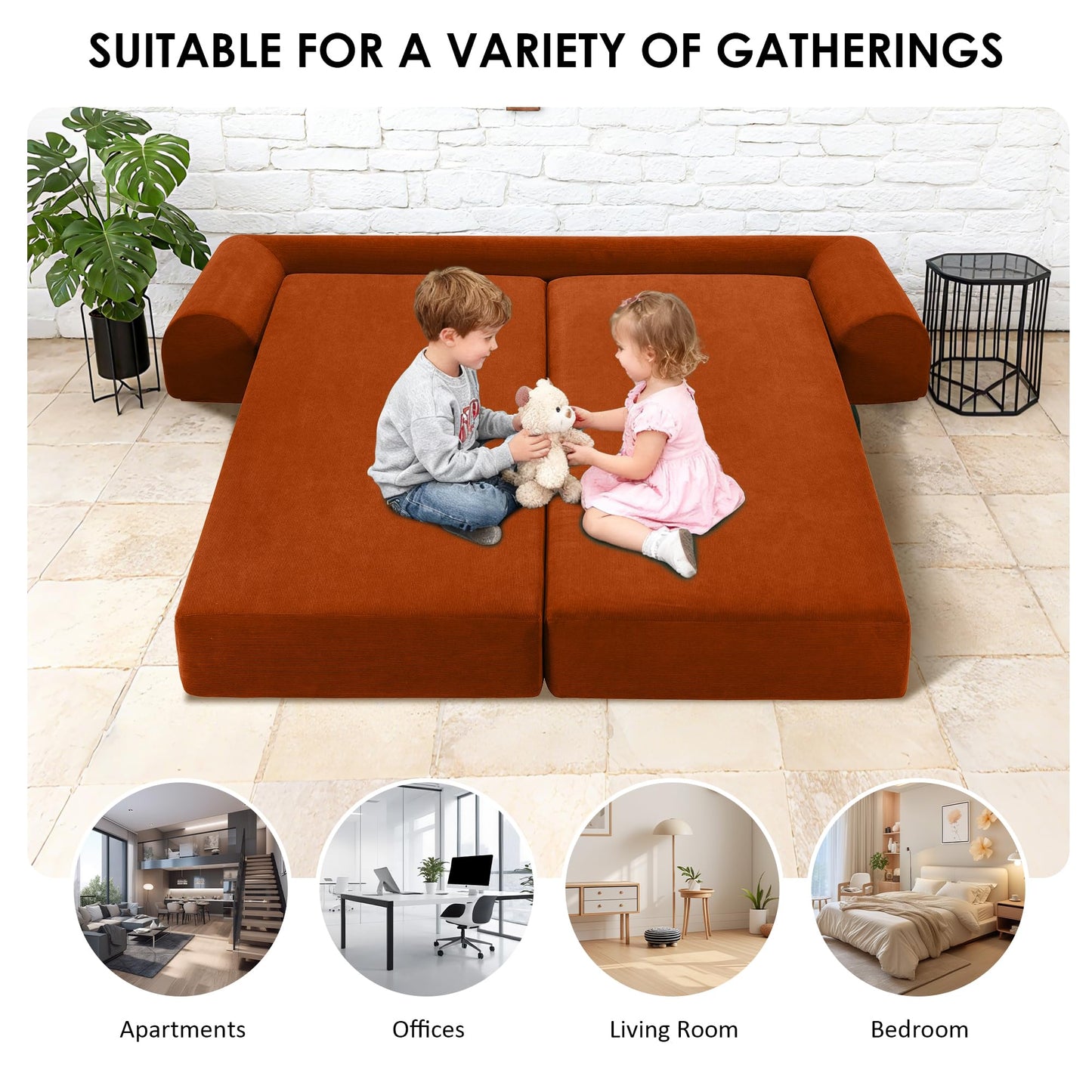 80" Convertible Sofa Bed, 3-in-1 Corduroy Folding Pull Out Couch with Pillows, No Assembly Modern Boneless Couch Compression Sofa in Box, Floor Sofa with Side Storage Pocket for Living Room, Orange