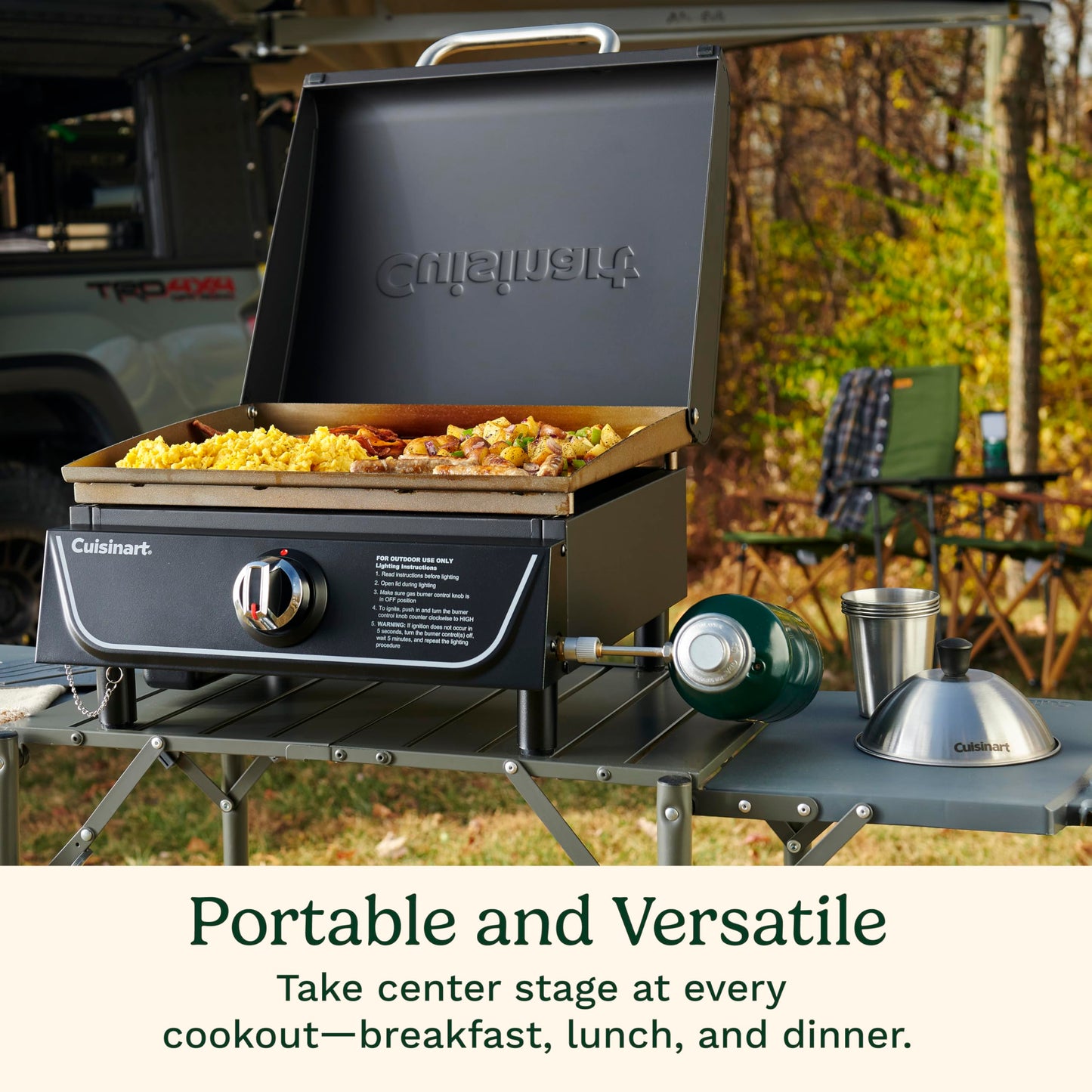 Cuisinart 17” Tabletop Gas Griddle with Hood, Easy Assembly Compact Outdoor Flat-Top Grill with Grease Cup, 255 Sq. In Cooking Space Perfect for Camping, Tailgates and BBQs