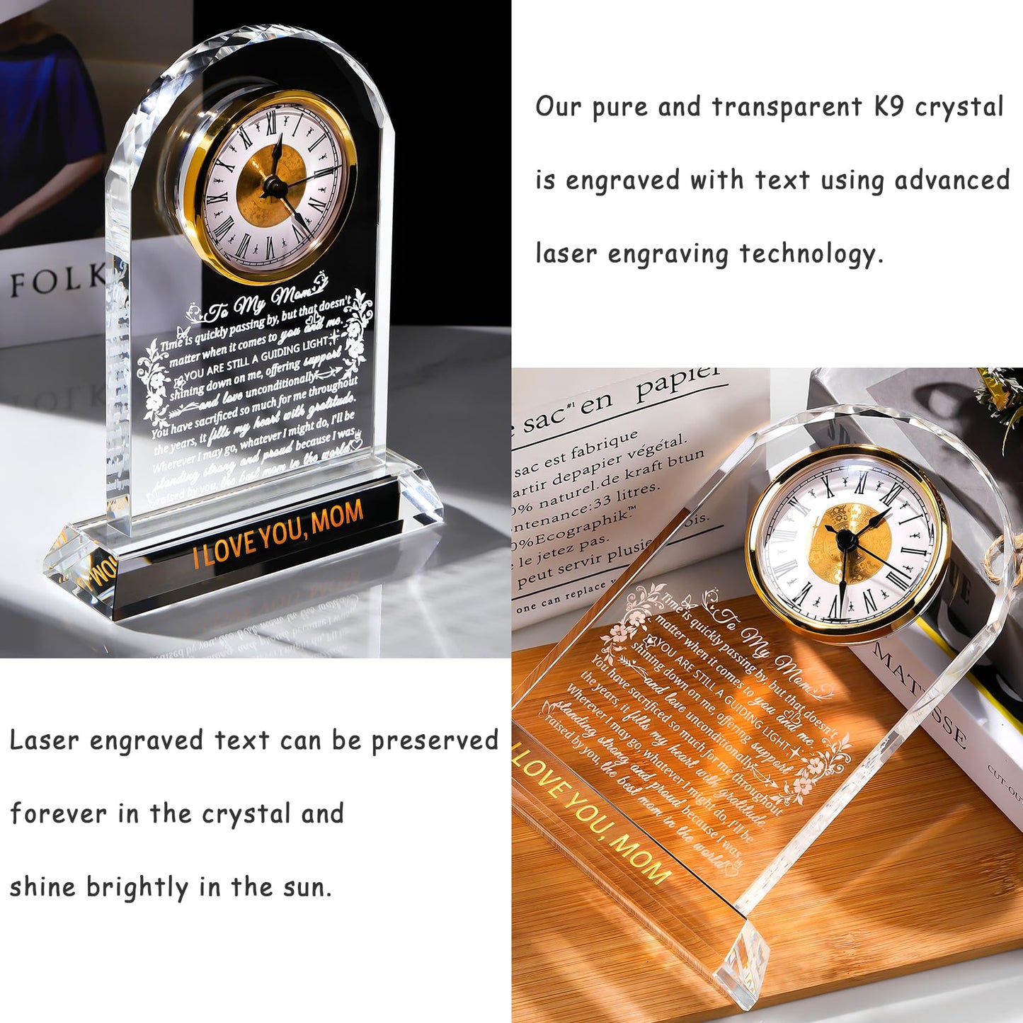 Ornalrist Gifts for Mom Crystal Clock Form Son Daughter on Mother's Day, Birthday - to My Mom Crystal Clock for Mother Desk Home Decor (8.8in, Gift Boxed)
