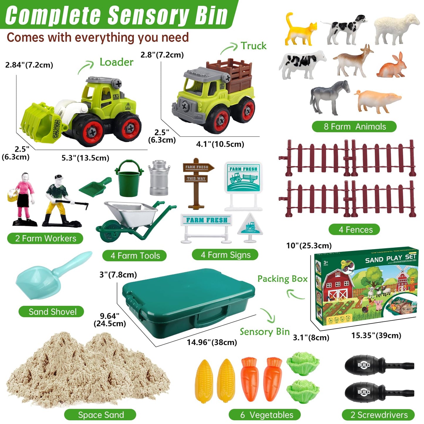Aliex Farm Sensory Bin, Farm Sensory Kits Toy with 2.2lbs Play Sand, 31pcs Animals Trucks Creativity Magic Sand Box with Lid, Christmas Birthday Gift for Boys Kids Toddlers Ages 3 4 5 6 7 8