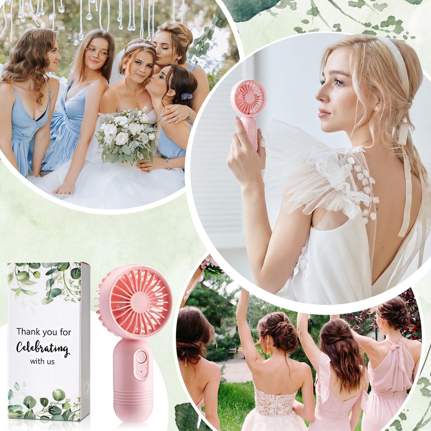 Retisee 50 Pack Wedding Portable Mini Handheld Battery Powered Fans Gift for Guests Thank You USB Small Personal Fan with 3 Speeds for Summer Bridal Shower Party Favor(Leaf,Pink)