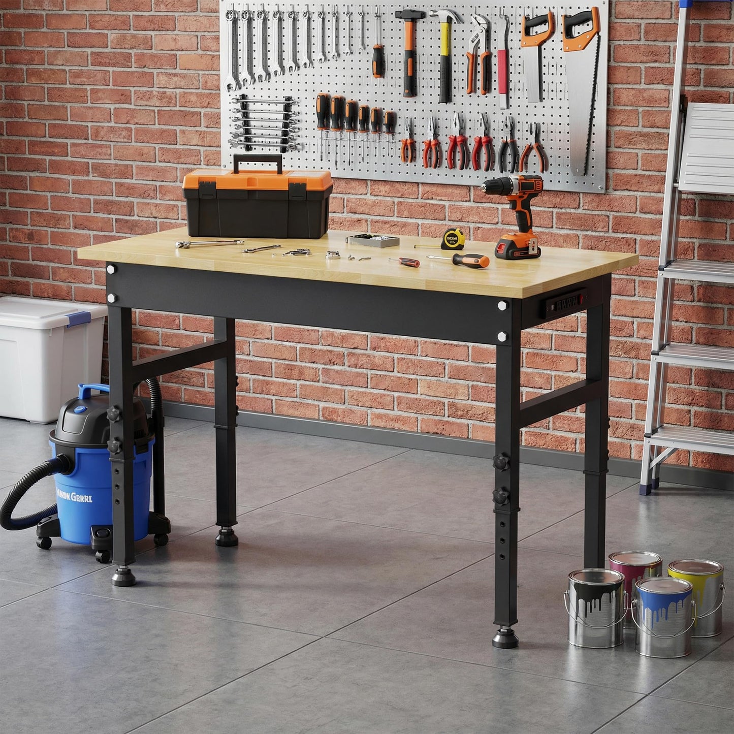Anunweldo 47'' Adjustable Workbench, Heavy Duty Work Bench 2000 LBS Load Capacity, Wood Top Workbench with Power Outlet, Work Table for Garage, Workshop, Office, Home (47.2"x23.6"x39.4" / Rubber Pad)