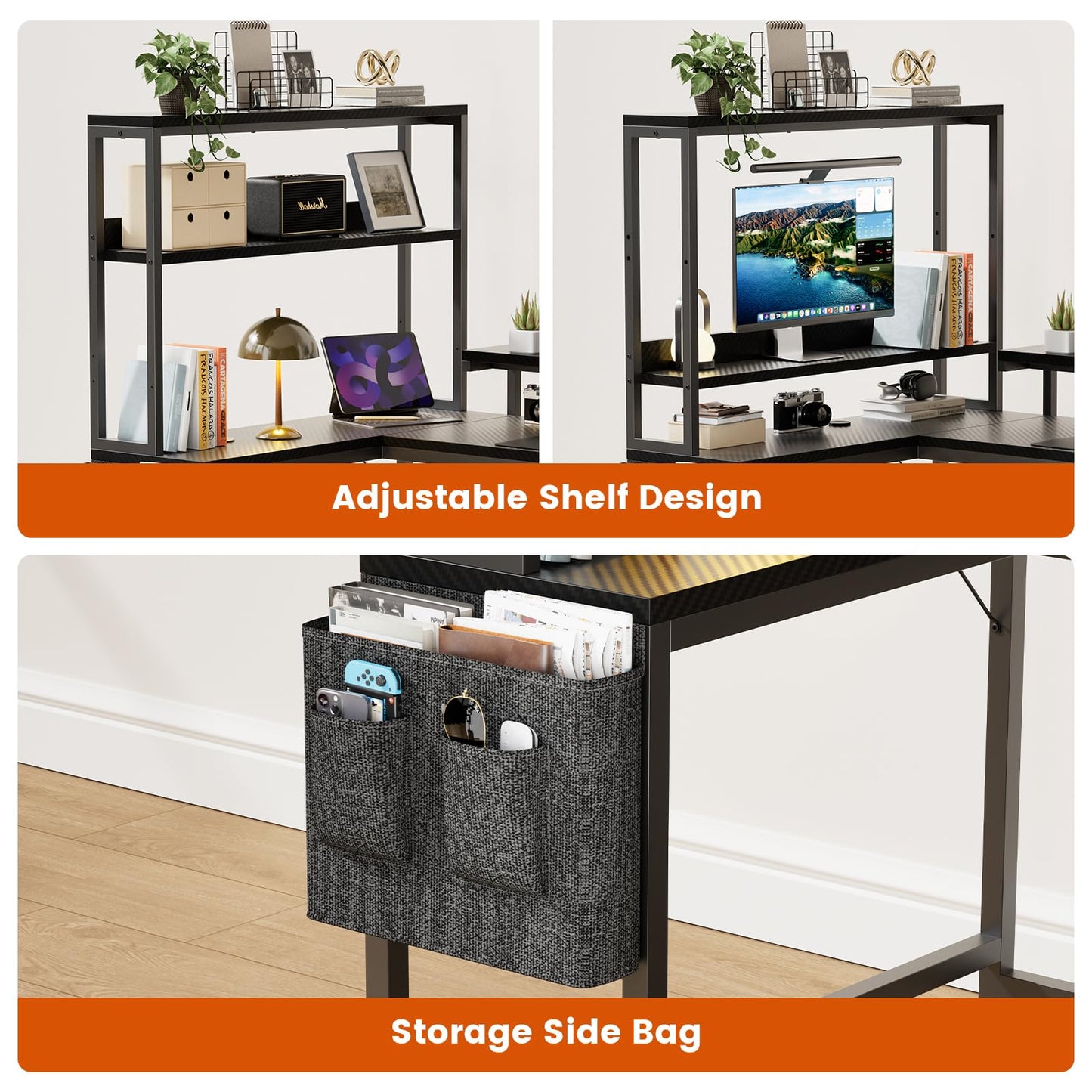 REAHOME 70 Inch L Shaped Desk with File Drawers and Reversible Storage Shelves, Computer Desk with Power Outlet & LED Strip, Home Office Desks, Writing Study Desk for Bedroom, Carbon Fiber Black