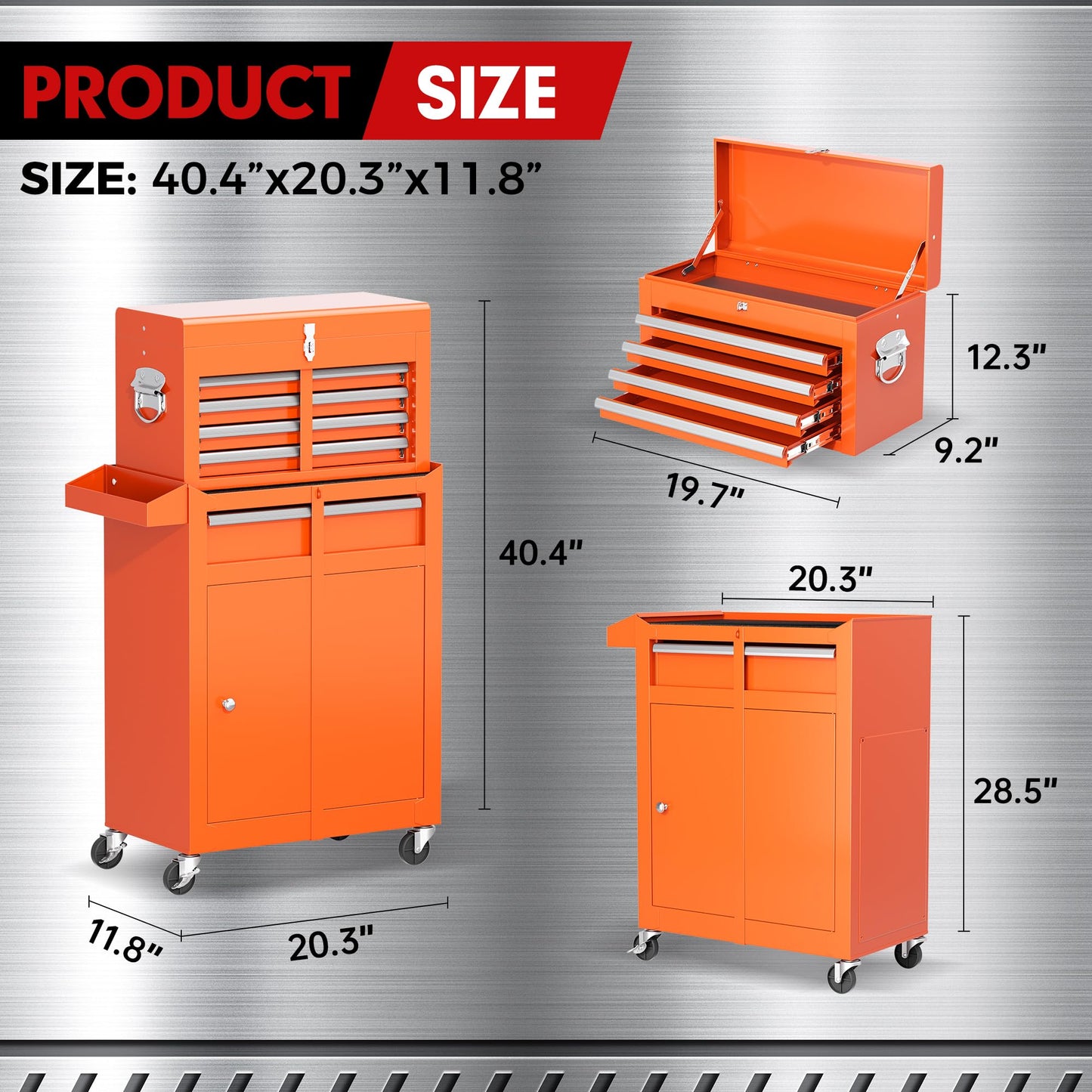 Brightpeak 5-Drawer Rolling Tool Chest – Heavy-Duty Steel Tool Cabinet with Detachable Top Box & Locking Wheels – Secure 2-in-1 Garage Workshop Storage, Tool Organizer(Orange)