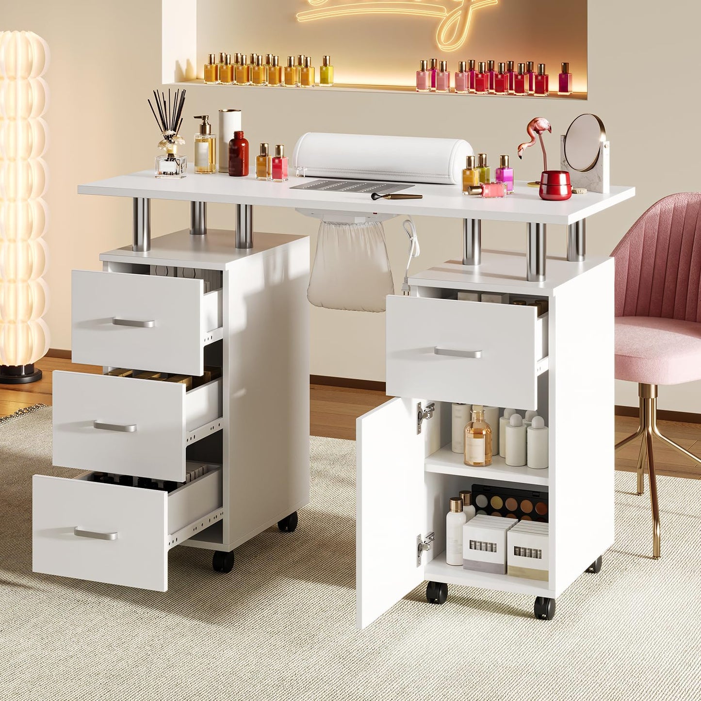 CuisinSmart White Manicure Table with Dust Collector, 42" Nail Desk for Nail Tech with Lockable Wheels, 4 Storage Drawers, Arm Rest, Acetone Resistant Top and Storage Cabinet
