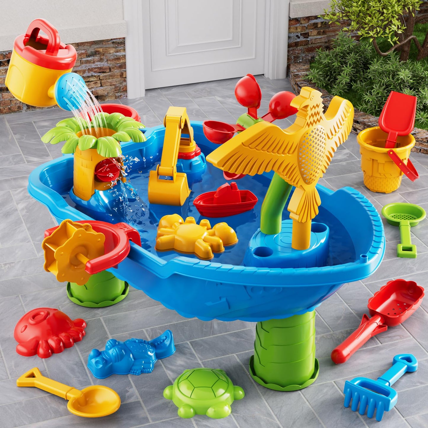 Kids Sand Water Table for Toddlers 1-3 3-5 Years, Outdoor Activity Play Set with Beach Toys, Shovels & Molds, Summer Outdoor Beach Outside Backgard Sensory Toys for Kids Boys Girls 1.5+ Years