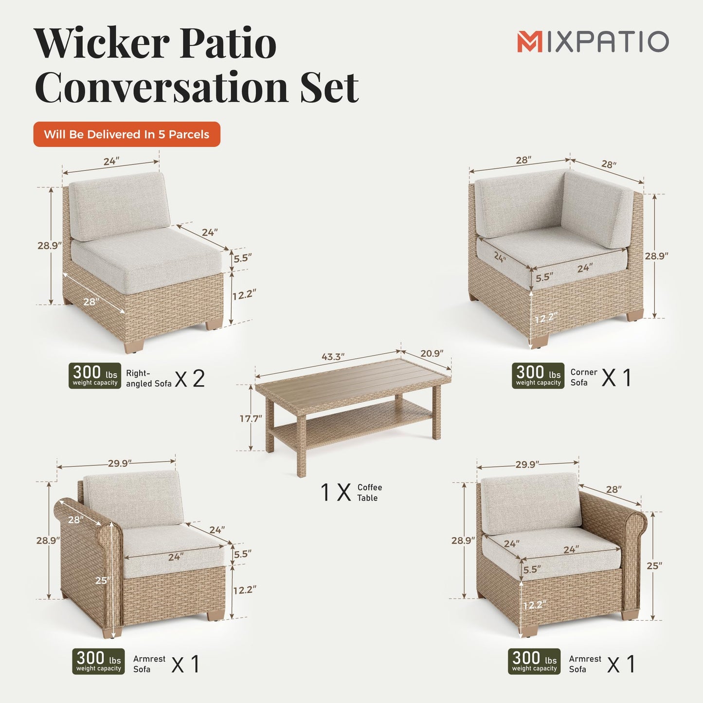 MIXPATIO Patio Furniture Set, 6 Piece Outdoor Rattan Wicker Sectional Conversation Set with 5.5" Thick Waterproof Cushions and Coffee Table for Deck Backyard