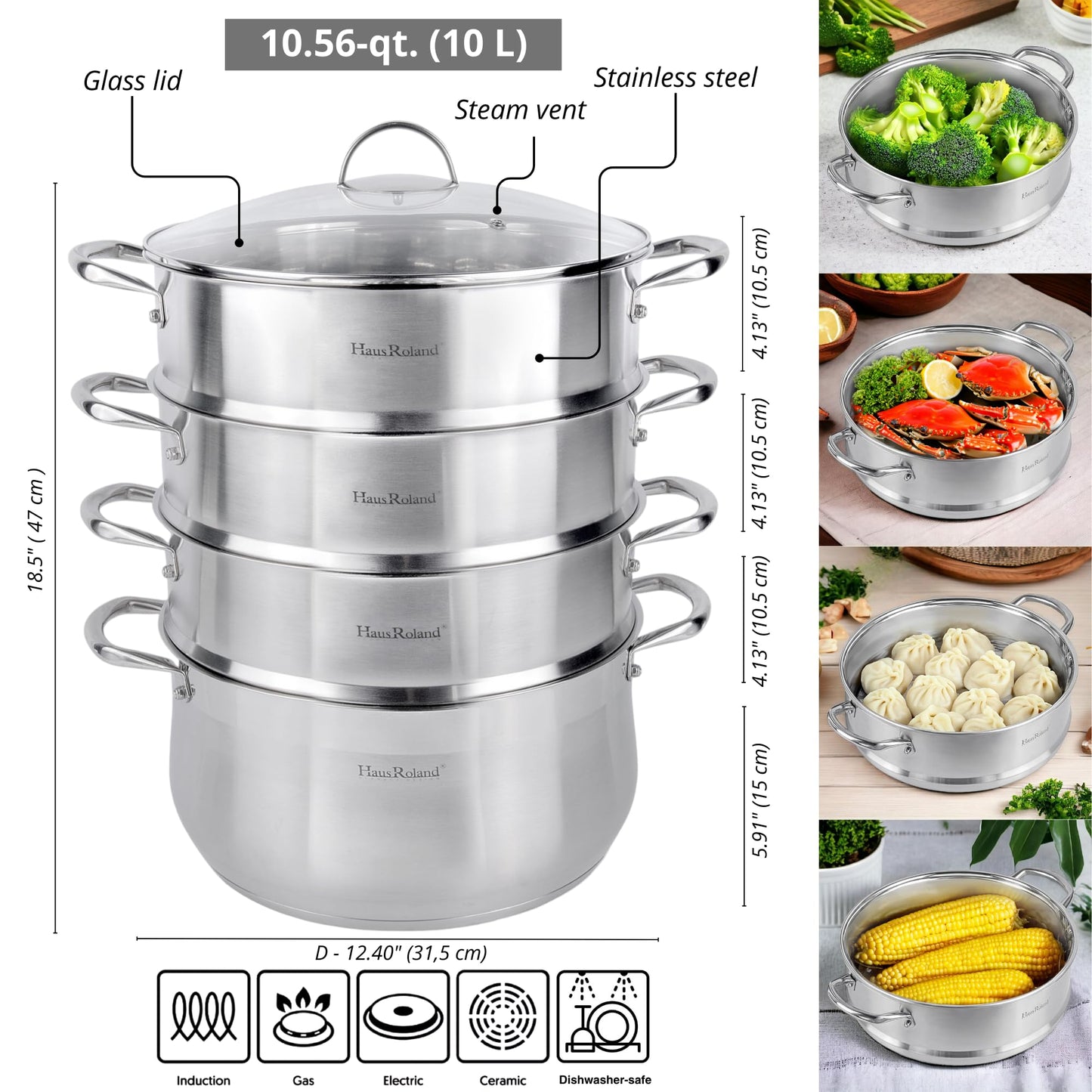 3-Tier Stainless Steel Steamer Pot with Lid Dumpling Steamer Pot for Cooking (3-tiered), Multi-Layer Cookware Pot, Food Vegetable Cooking Pan with Stackable Pan Insert for Vegetable, Dumpling, Meat, Dishwasher safe, Induction Safe (Silver, 10.56-qt. (10 L