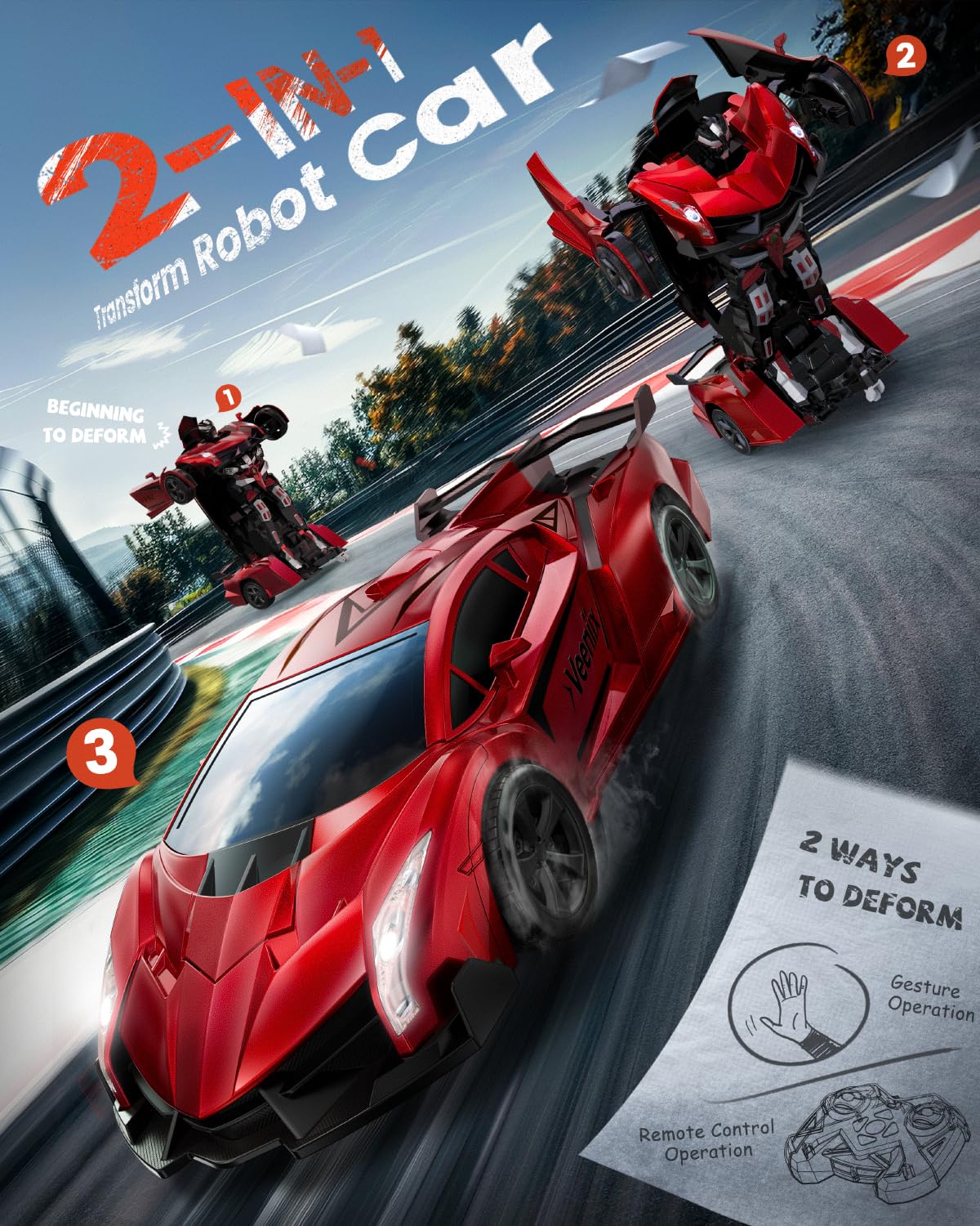 Veeniix V992 Transform Remote Control Car,Transform Robot RC Cars,1:14 Scale,2-in-1 Robot Toy Car with Sound & Light,Gesture Sensing,Automatic Deformation,Great Gifts Toys for Boys and Girls 4-6 (Red)