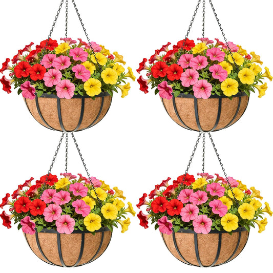 ZVOWOS 14 Inch Black Flat Iron Metal Hanging Planter Basket with Coco Coir Liner(4 Pack) Hanging Planters for Outdoor Plants Hanging Baskets for Plants Flower Pots for Deck Patio Porch Garden Balcony