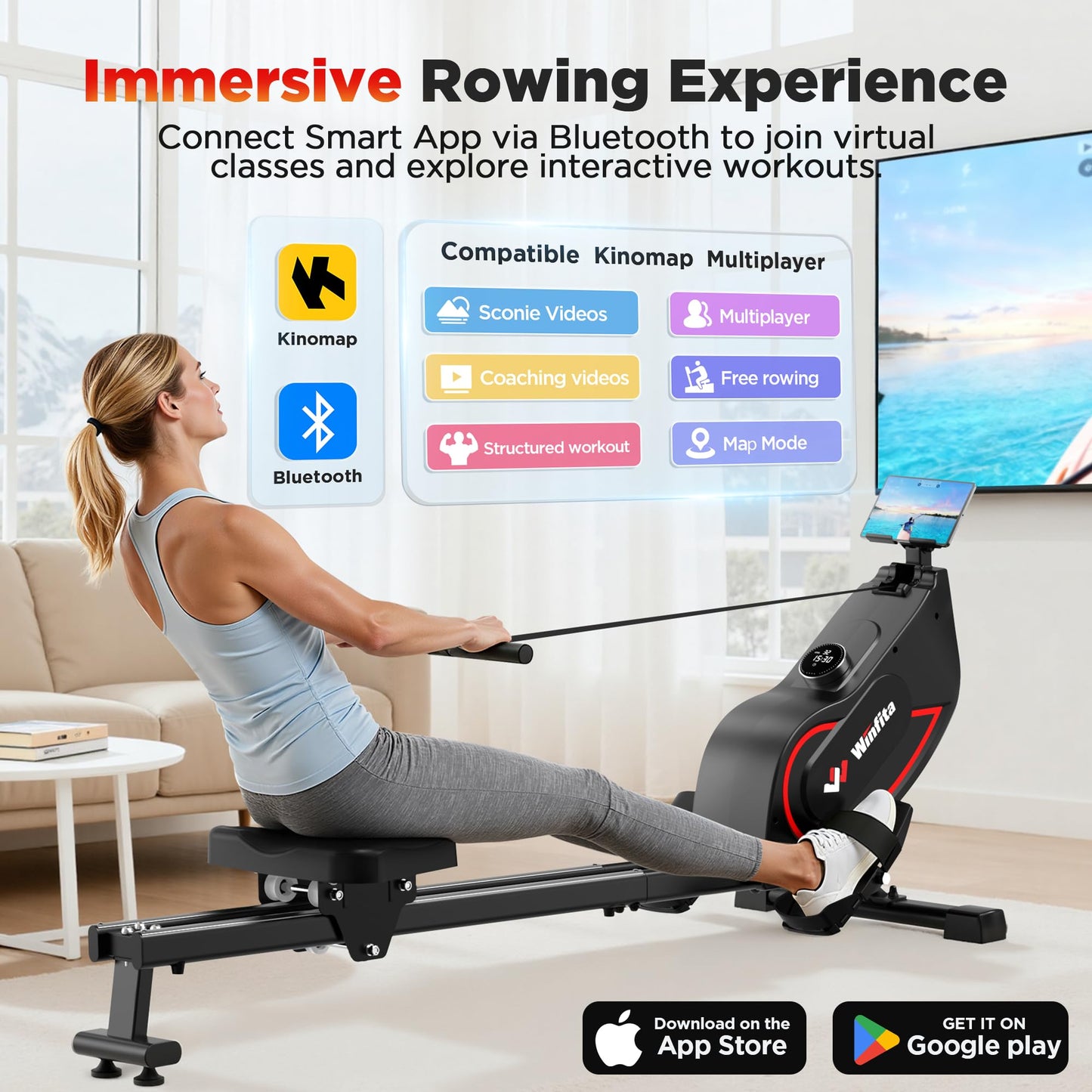 Winfita Rowing Machines for Home,Quiet Resistance Magnetic Rower Machine with 32 Levels,350lb Weight Capacity,Compact Dual Slide Rail,LED Monitor & Comfortable Seat,App Supported&Tablet Holder