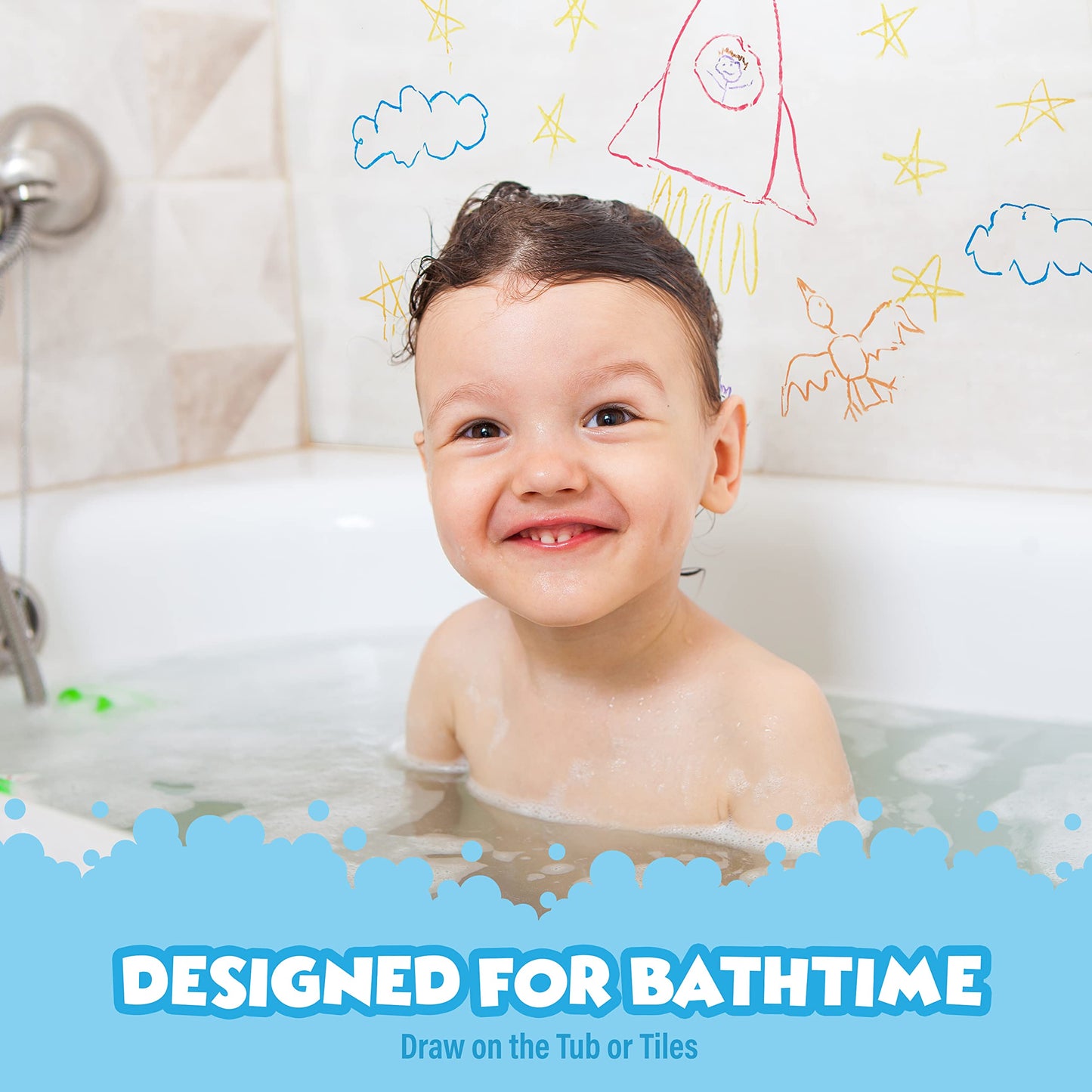 Tub Works® Smooth™ Bath Crayons Bath Toy, 24 Pack | Nontoxic, Washable Bath Crayons for Toddlers & Kids | Unique Formula Draws Smoothly & Vividly on Wet & Dry Tub Walls | Hexagon Grip Bathtub Crayons