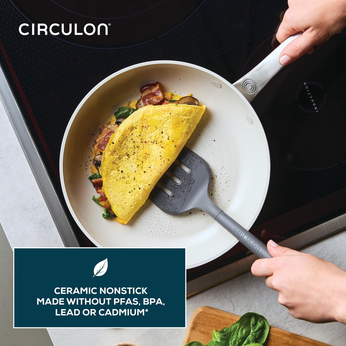 Circulon Halo with LaserDefense Ceramic Nonstick Pots and Pans with Lids, Compatible with All Stovetops, Made without PFAS, Dishwasher and Oven Safe, 11 Piece Cookware Set - Pearl White