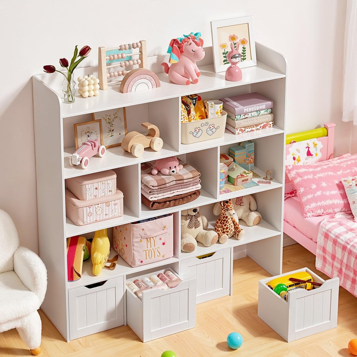 Gizoon Toy Storage Cabinet and Kids Bookcase with 4 Movable Drawers and 8 Open Shelves Toy Chest Shelf Organizer with Hidden Wheels for Playroom Nursery Kids Room, White