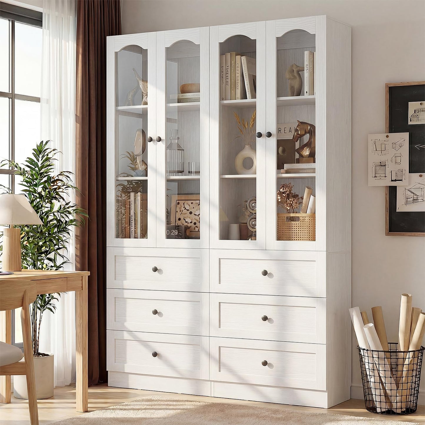 Cyclysio 80" Tall Pantry Cabinet for Kitchen Storage, 2 Set White Pantry Cabinet with Glass Doors & 3 Drawers - Freestanding Storage Bookcase with Built-in Baseboard Notch for Dining, Living Room