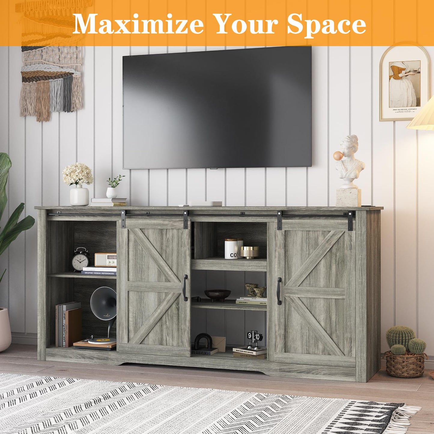 Garvee 70" Farmhouse TV Stands for 80" Television, Entertainment Center with Sliding Barn Door, Media TV Console Table with Storage & Adjustable Shelves for Living Room, Dark Grey