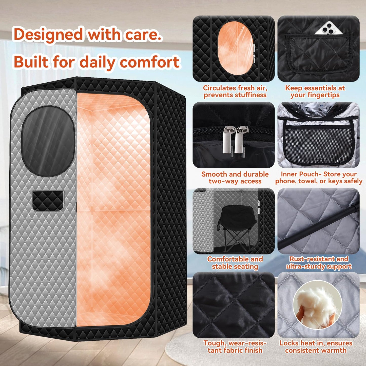 Portable Sauna for Home - Upgraded Personal Home Sauna Box with 3L 1300W Steamer, Big Folding Chair, 9 Levels Heat, Timer, Remote Control - Large Size Steam Room Saunas Tent for Relaxation & Spa Black