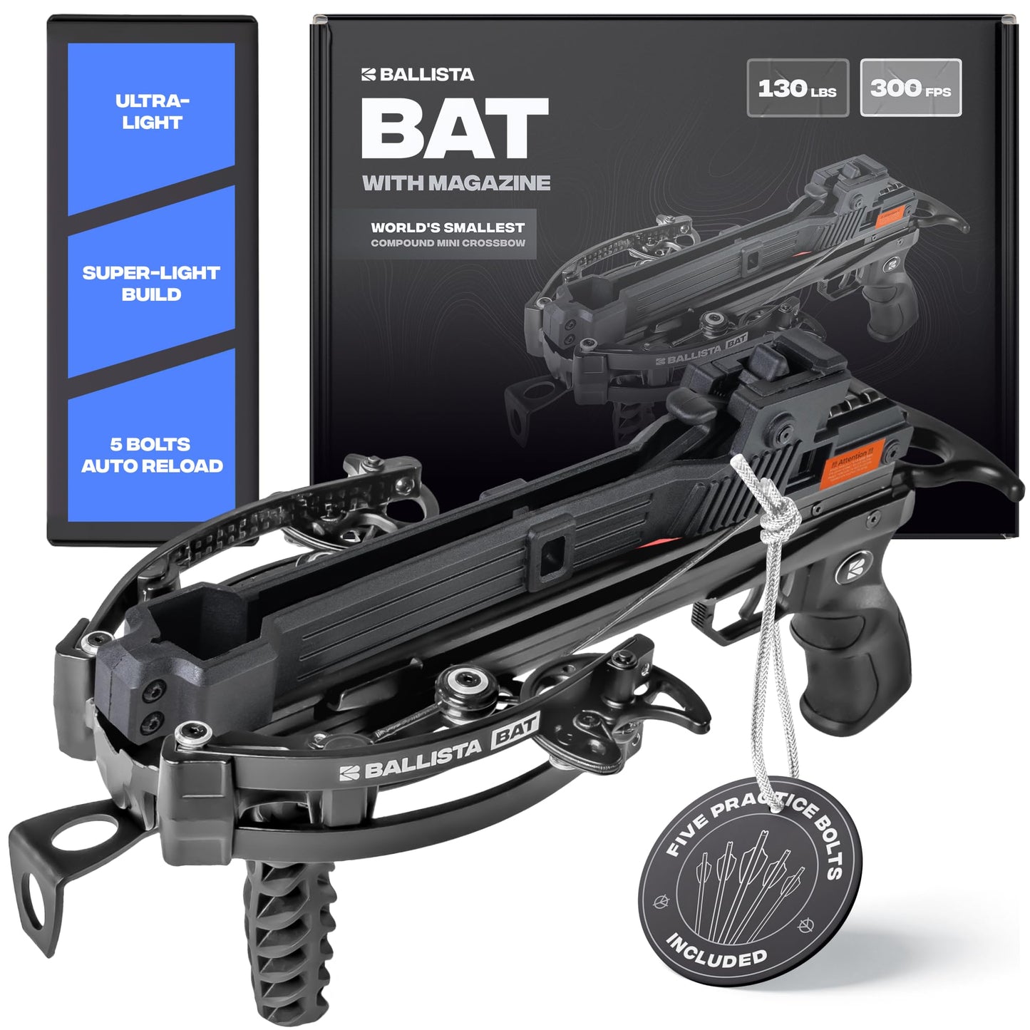 BALLISTA BAT Compound Small Crossbow with Magazine - Mini Crossbow for Hunting and Target Shooting - 300 FPS, 130 lbs Draw, Lightweight 2.9 lbs