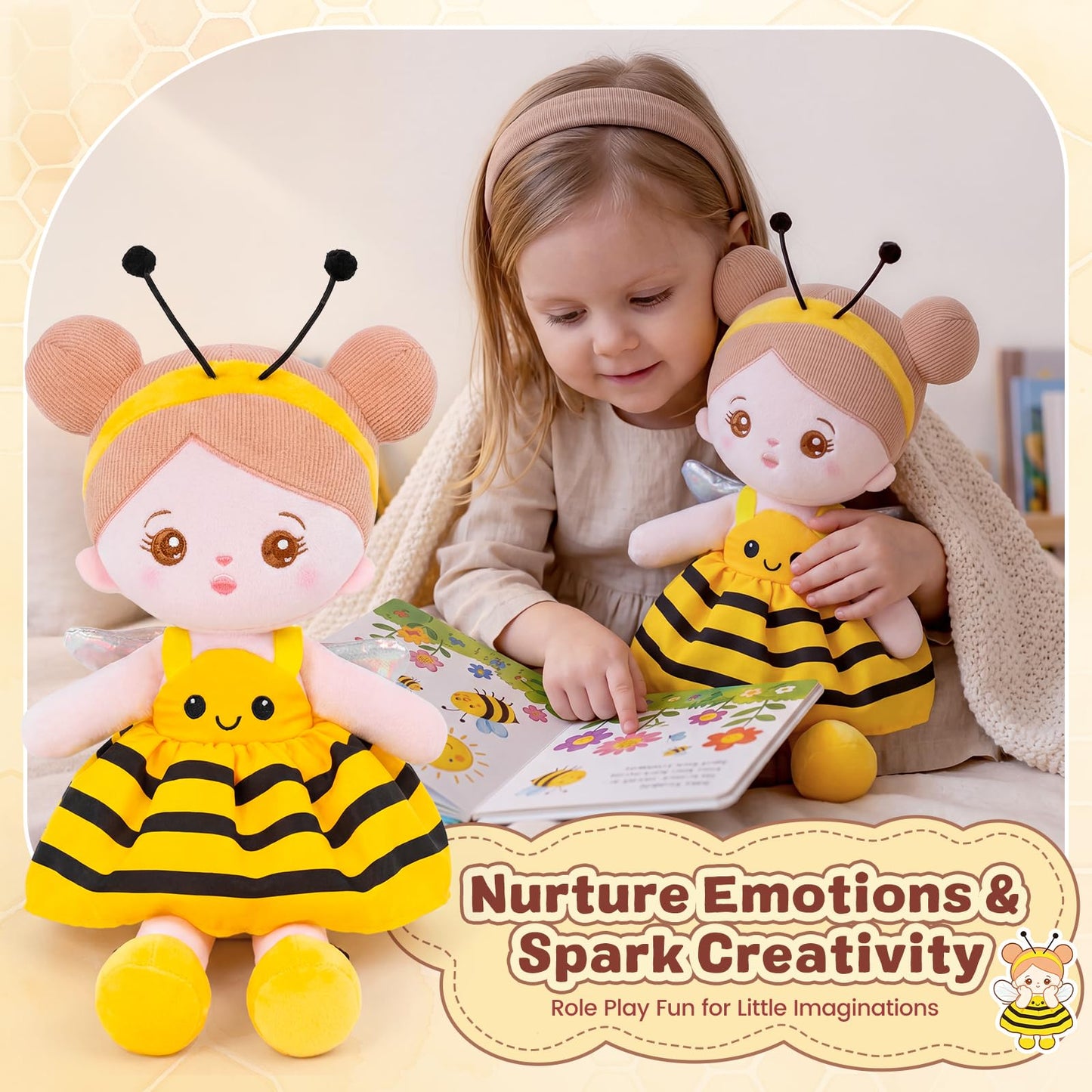 OUOZZZ 12.6" Soft Baby Doll - Toys for 1 Year Old Girl Ideal Birthday Baby Girl Gift, Snuggle Buddy for Infants Yellow Bee Dress