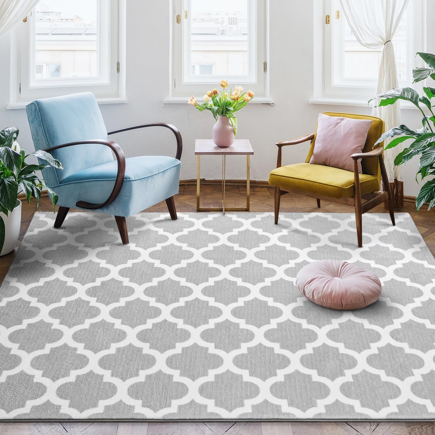 Jelymark Shag Moroccan Area Rug for Living Room, 8x10 Feet Modern Geometric Rug, Fluffy Distressed Faux Wool Floor Carpet, Memory Foam Rug for Bedroom Nursery Kids Room Home Decor, Light Grey/White