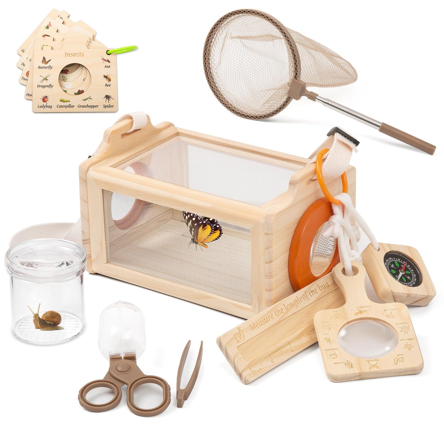 Wooden Bug Catcher Kit for Kids, 16-in-1 Outside Toys for Toddlers STEM Outdoor Explorer Set with 3-Way Observation Habitat, Butterfly Net, Magnifying Glass, Educational Gift for Boys Girls Ages 3-8