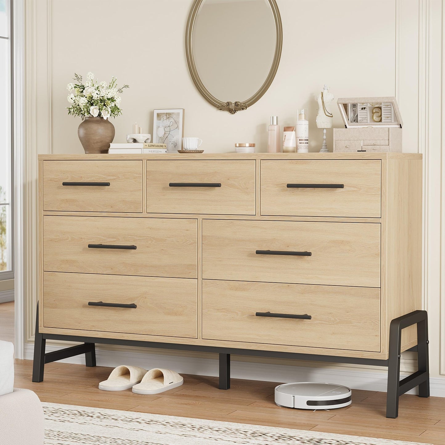 GarveeHome 7 Dresser for Bedroom, Freestanding 52 in Wide Drawer Dresser with Storage, Wooden Closet Storage Chest for Living Room, Bedroom, Entryway, Natural Oak