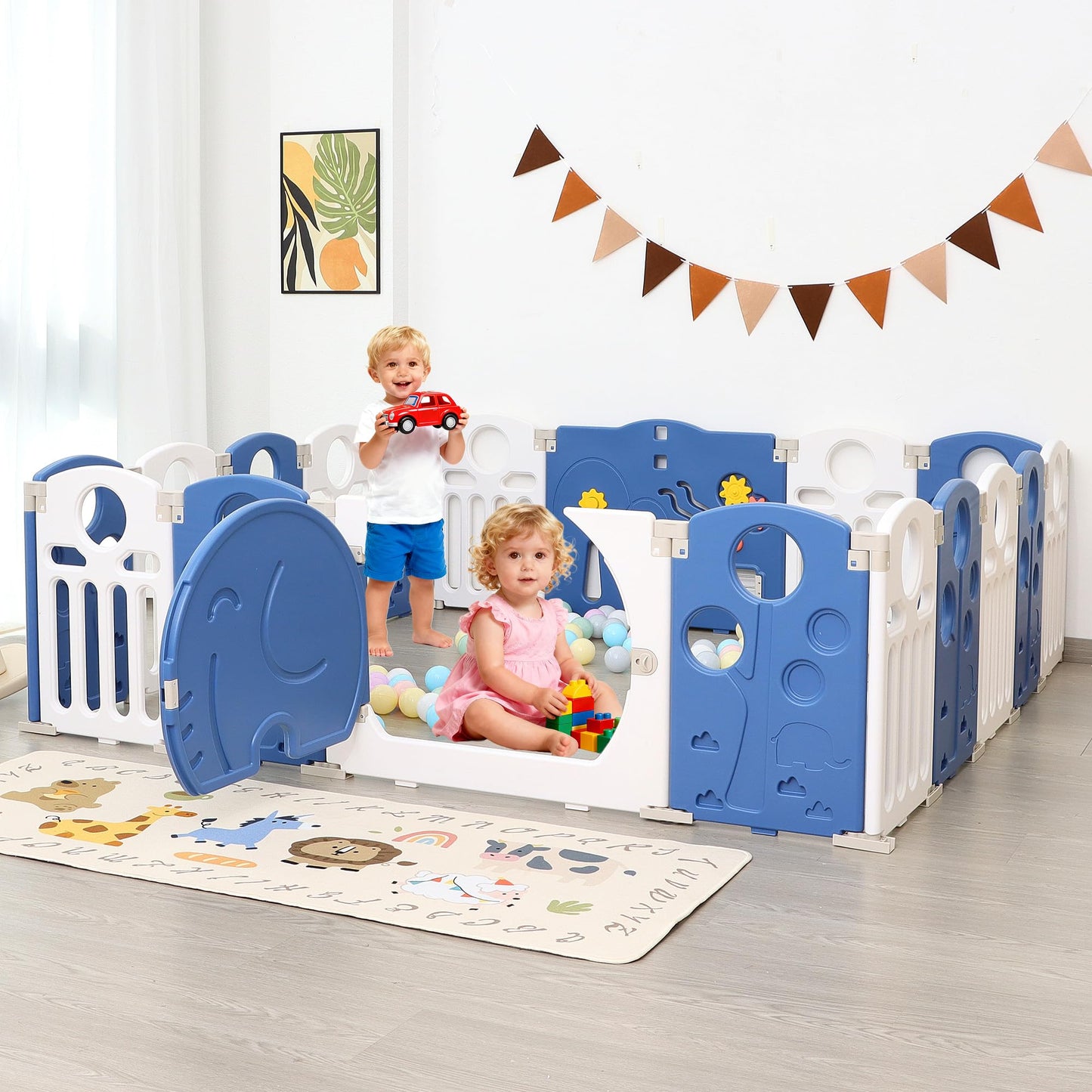 HAPPYMATY Baby Playpen, 18-Panel Foldable Play Pen for Babies and Toddlers, Indoor Outdoor Baby Fence with Sensory Play Panel, Adjustable Shape Activity Play Center, Portable & Easy Assemble