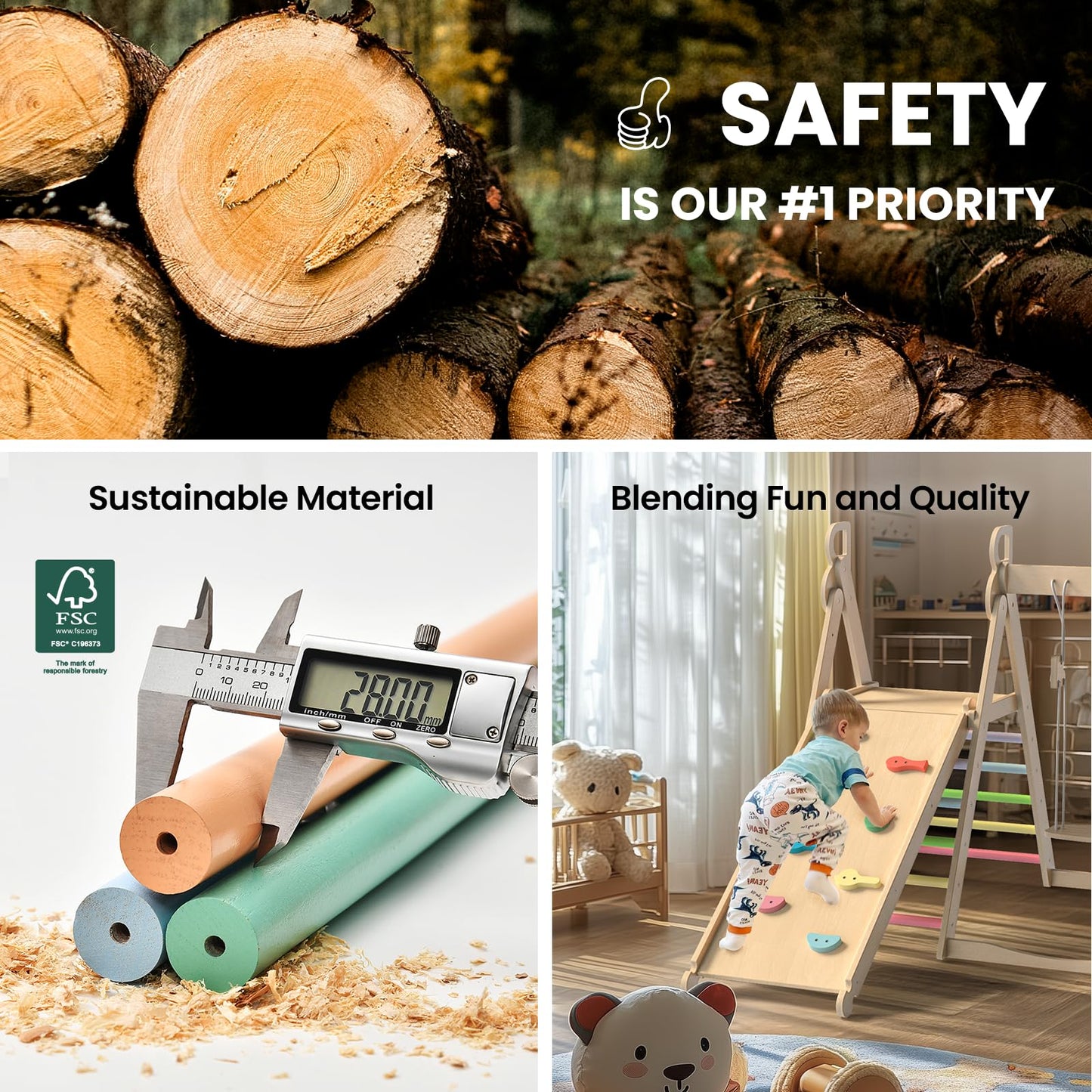 BlueWood 4 in 1 Indoor Jungle Gym, Foldable Wooden Climbing Set with Swing, Slide, Ladder and Climbing Wall, Montessori Philosophy Climber Playset for Kids Aged 2+ (Rainbow)