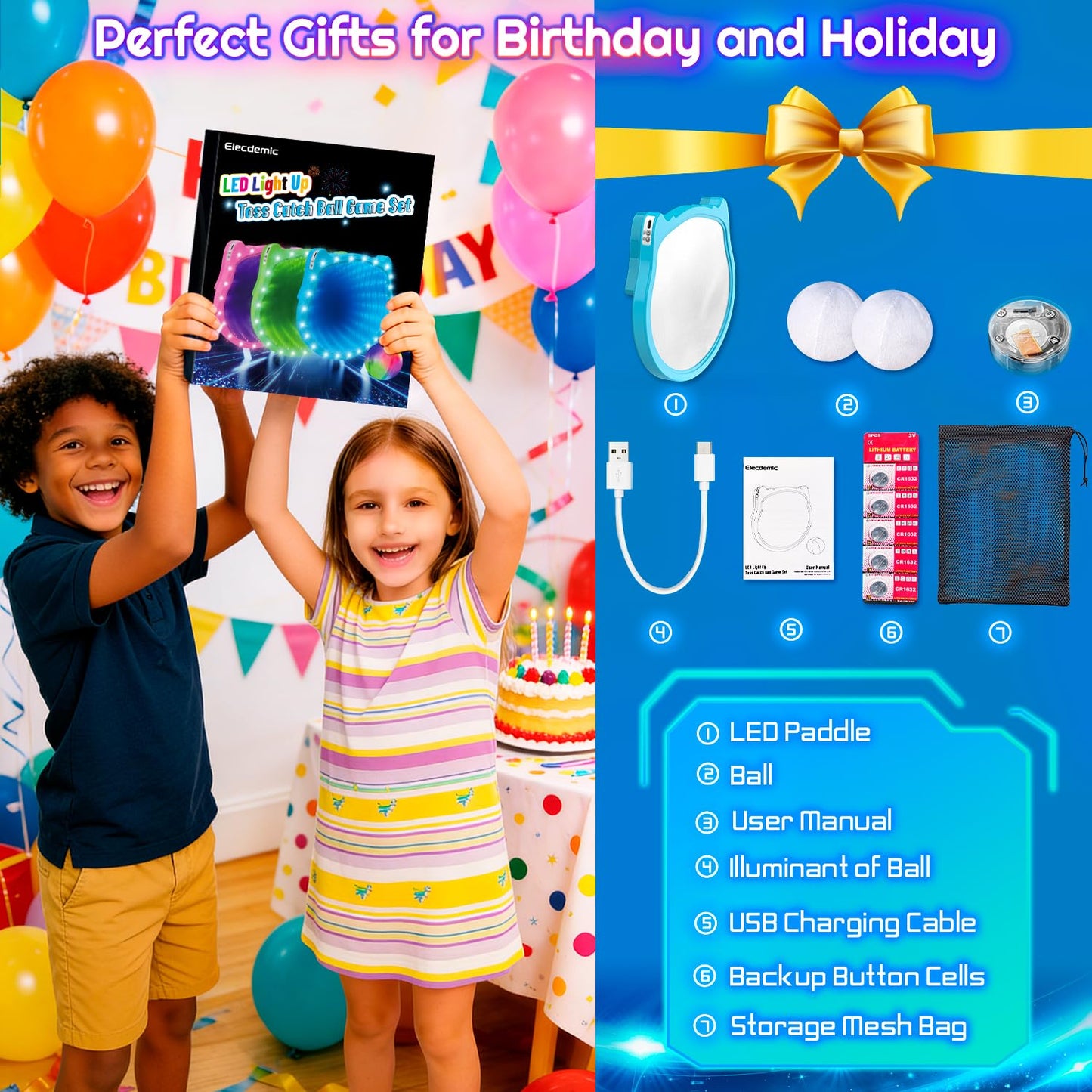 Elecdemic 3D LED Light Up Toss Catch Ball Game Set Sensory Toys Glow in the Dark Throw Paddle Outdoor Yard Lawn Party Cool Baseball Gifts Age 3 4 5 6 7 8 9 10 11 12 Years Old Boy Girl Kid Adult Family