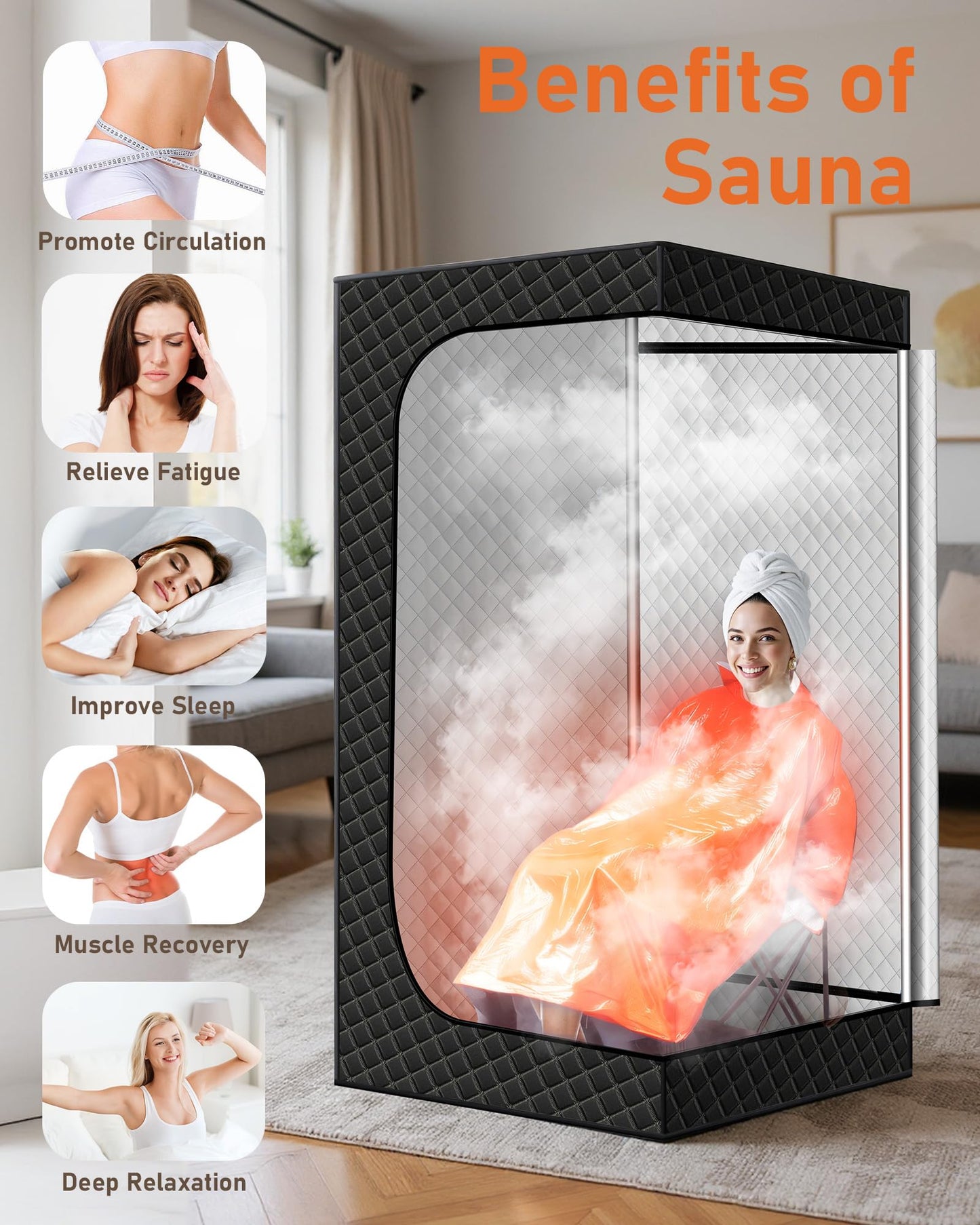 Sauna Box, Portable Steam Sauna, Portable Sauna for Home with 3L 1200W Steamer, 9 Levels, Folding Chair, Extra Large Size (2.6' x 2.6' x 5.9'), Full Body Sauna Tent for Relaxation, Detoxification