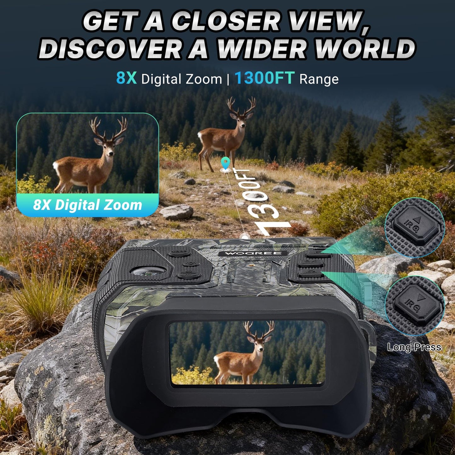 WOGREE Night Vision Goggles, 4K Night Vision Binoculars for Adults, 36MP, 1300FT Range,8X Digital Zoom, 5000mAh Battery, Flashlight & Compass, Infrared Vision, 32GB Card, for Camping & Security