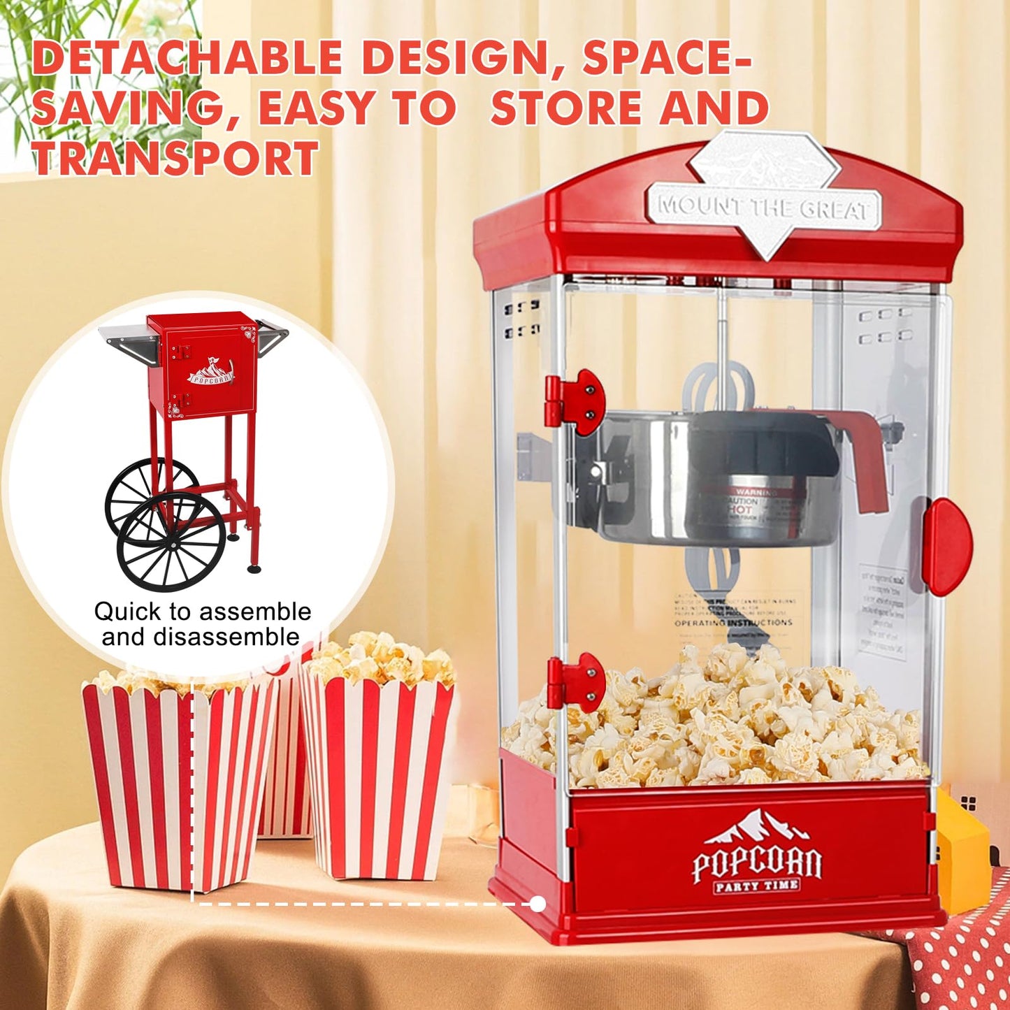 Nyddle Popcorn Machine with Cart, Wheels & 10 Oz Kettle Popcorn Maker, Movie Theater Popcorn Maker Machine, Home Theater Popcorn Popper Measuring 3 Plastic Spoons