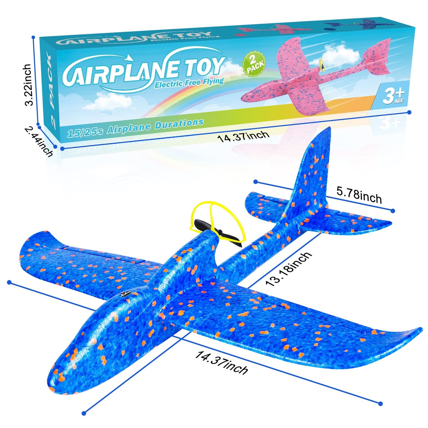 Fuwidvia Electric Foam Airplane Toy, 2 Pack LED 15/25s Plane Toy for Boys, Outdoor Flying Toy Birthday Gifts for Boys Girls 3-12 Years Old Kids Christmas Easter