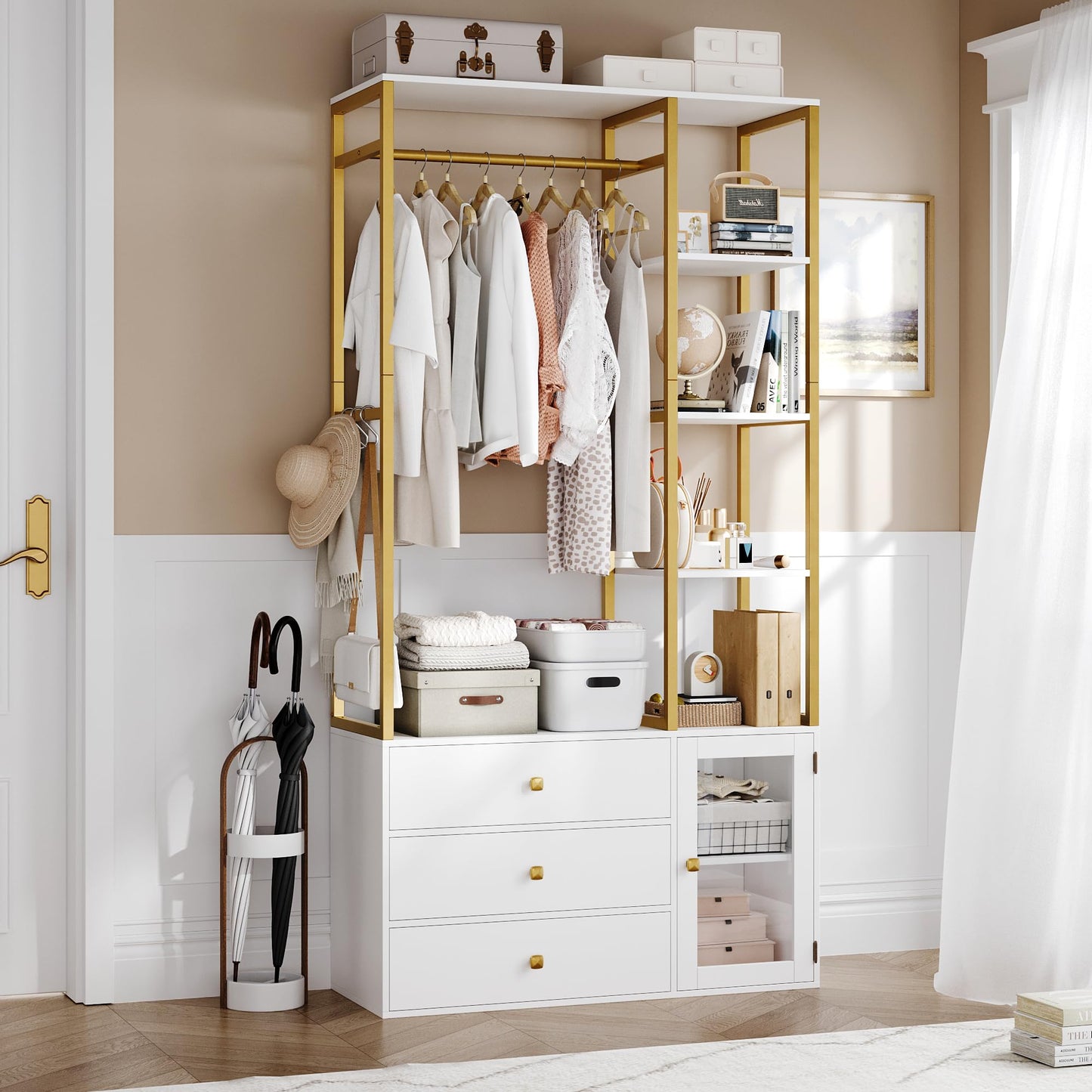 BOTLOG Closet System Organizer, 81.3” H Wardrobe Closet with 3 Wooden Drawers, Clothes Rack with Hanging Rods, 4 Tiers Shelves, Metal Frame, White and Gold