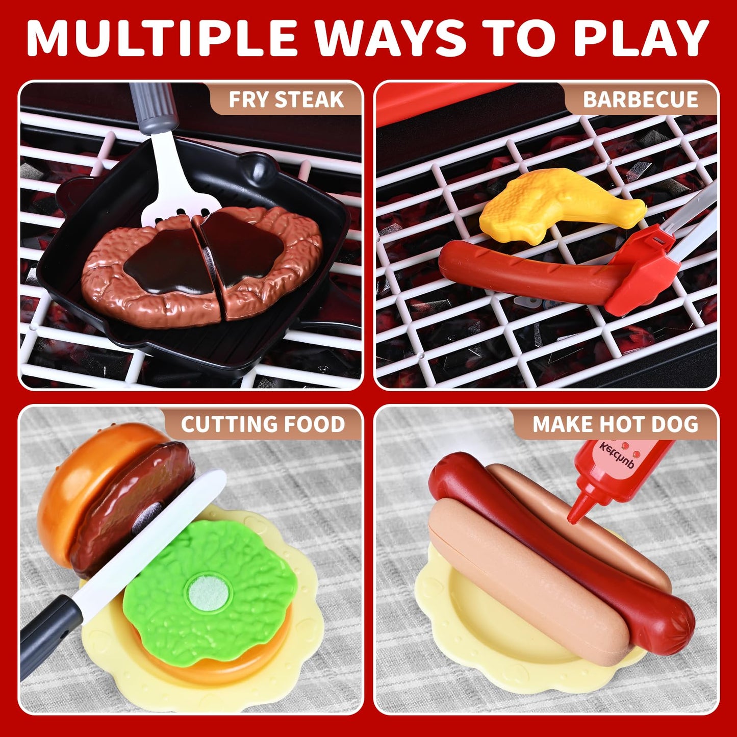 Kids Play Kitchen Toys, Kids BBQ Grill Playset with Smoke Sound Light, 2-Layer Barbecue Toy with Wheel, Outdoor Play Grill Toys for Toddlers 3-5, Play Food Toys Cooking Set, Birthday Gift for Boy Girl