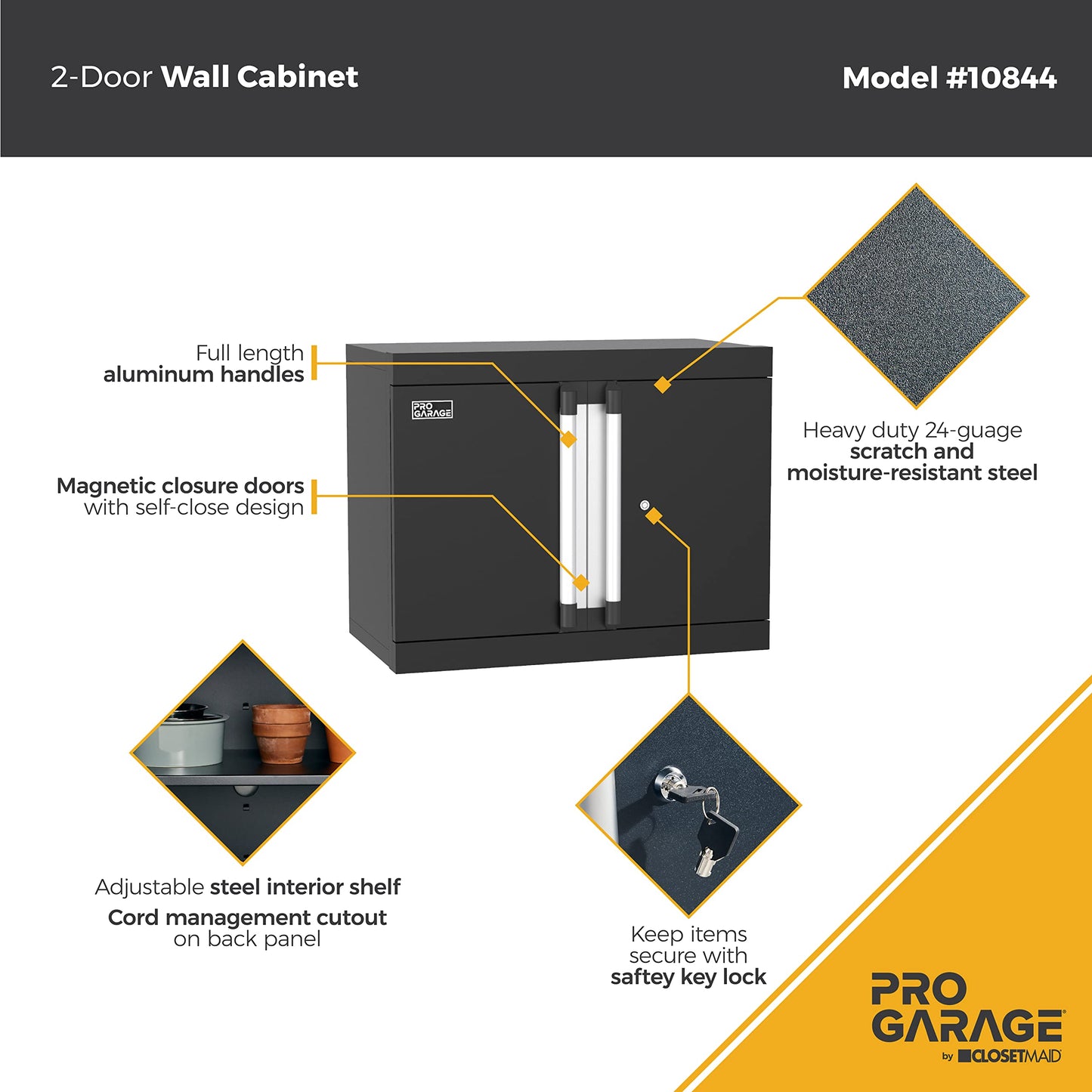 ClosetMaid ProGarage Wall Cabinet with Two Doors, Lock and Shelf, for Garage Storage, Heavy Duty Steel, Black