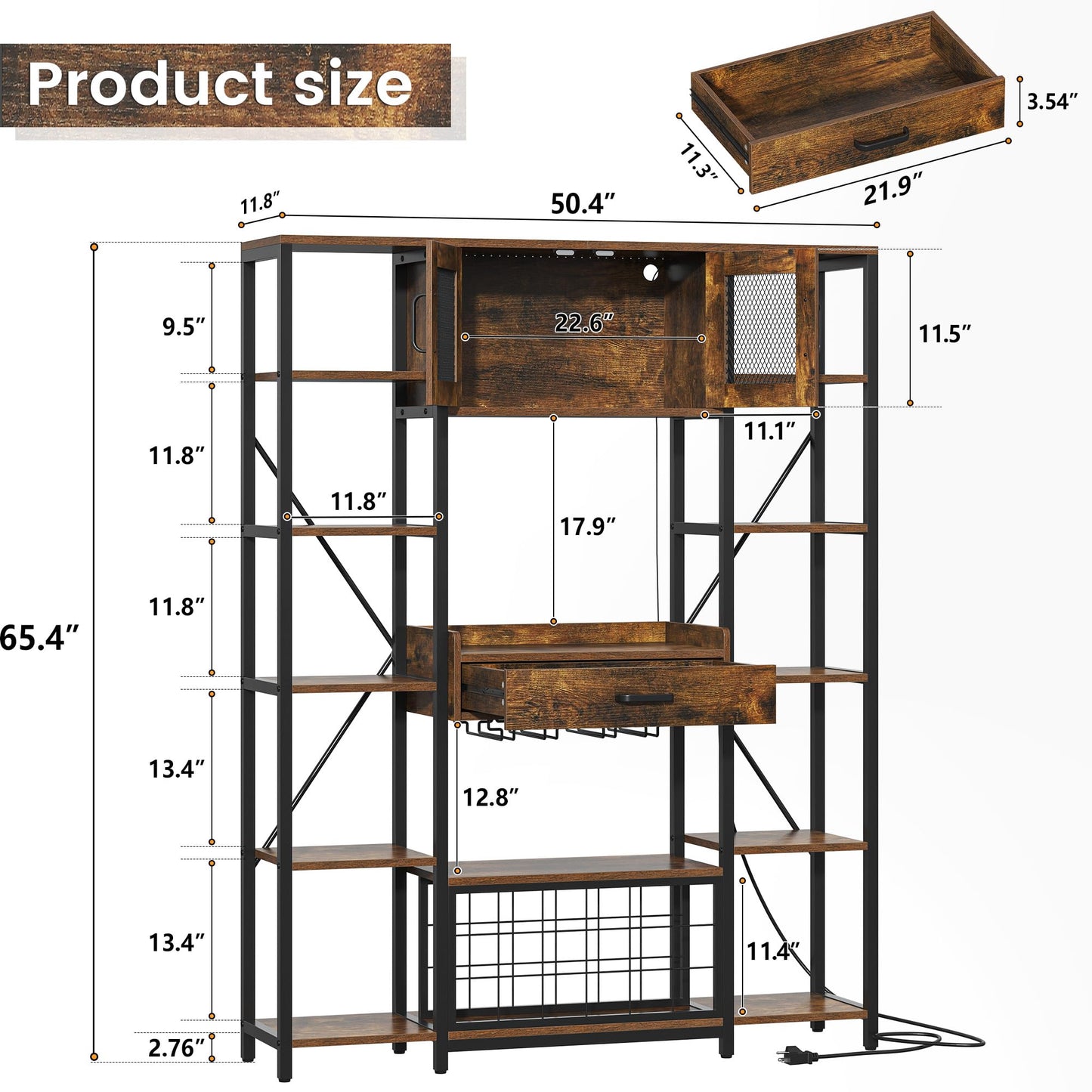 Semoic Wine Bar Cabinet with LED Lights, 65.35'' Tall Industry Coffee Bar Cabinet with Drawer and Power Outlets, Kitchen Microwave Stand Bakers Rack Cabinet for Liquor and Goblet, Black (Brown)