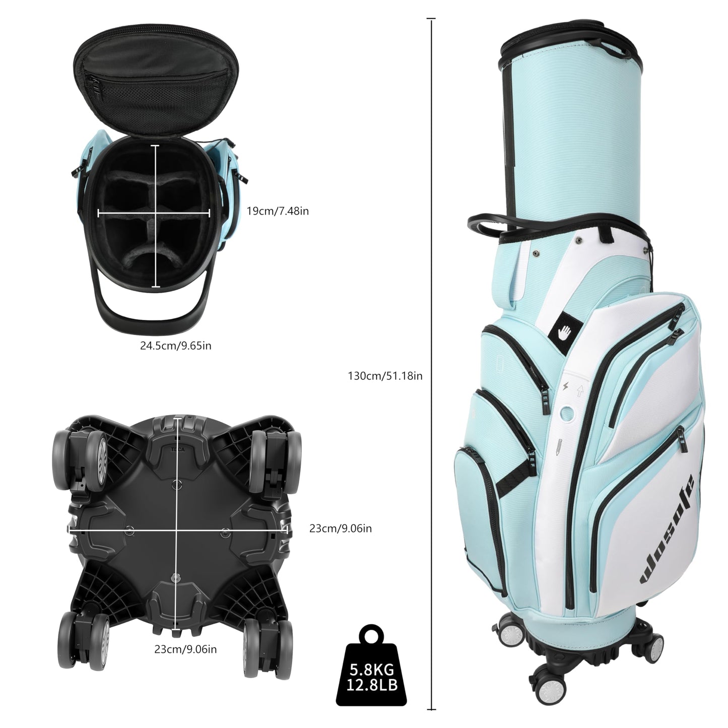 Lightweight Golf Travel Bag with Wheels for Vacation, Retractable Hard Top Club Protector, 14-Way Cart Bag with Insulated Cooler Pocket - Sky Blue & White
