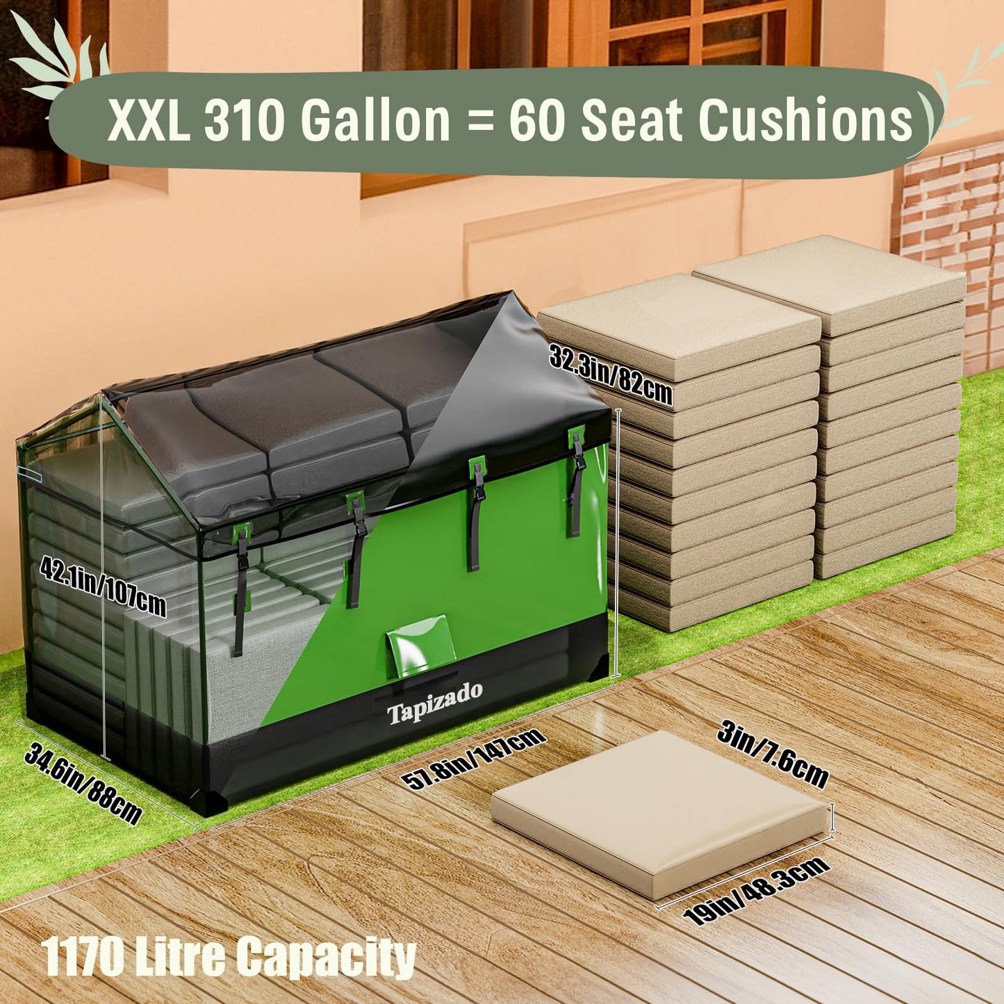 Tapizado 310 Gallon Extra Large Deck Boxes, 1170L Capacity Waterproof Outdoor Storage Bin for Patio Furniture Cushions, Pool Accessories, Garden Tools and Christmas Tree, Black & Green