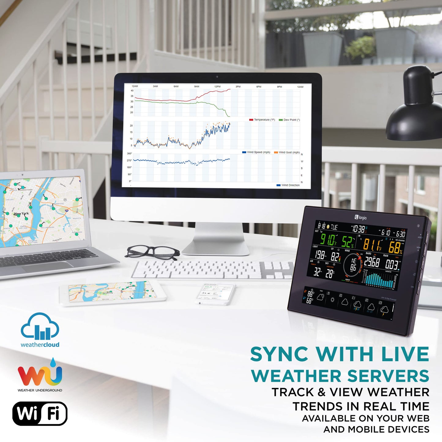 Logia 7-in-1 Wi-Fi Wireless Weather Station with 10-Day / 24 Hour Forecast, Solar & Large 8" Color Display | Measures Wind Speed/Direction, Rainfall, UV Index, Light Intensity, Temperature & Humidity