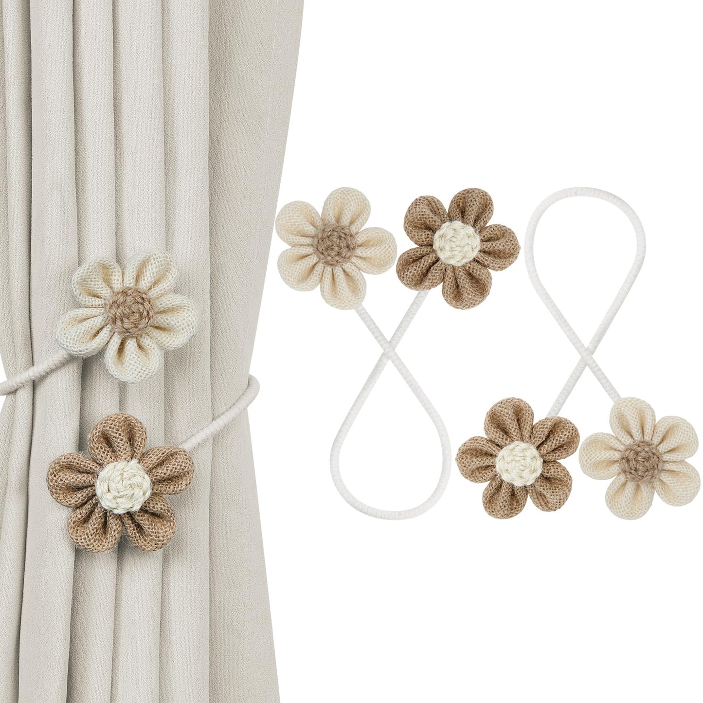 KLOGTSIND Flower Curtain Tiebacks, 2 Pack Boho Curtain Ties Elegant DIY Curtain Holdbacks, Decorative Window Drape Twist Tie Backs for Bedroom Decor, Nursery Decor, Farmhouse Decor